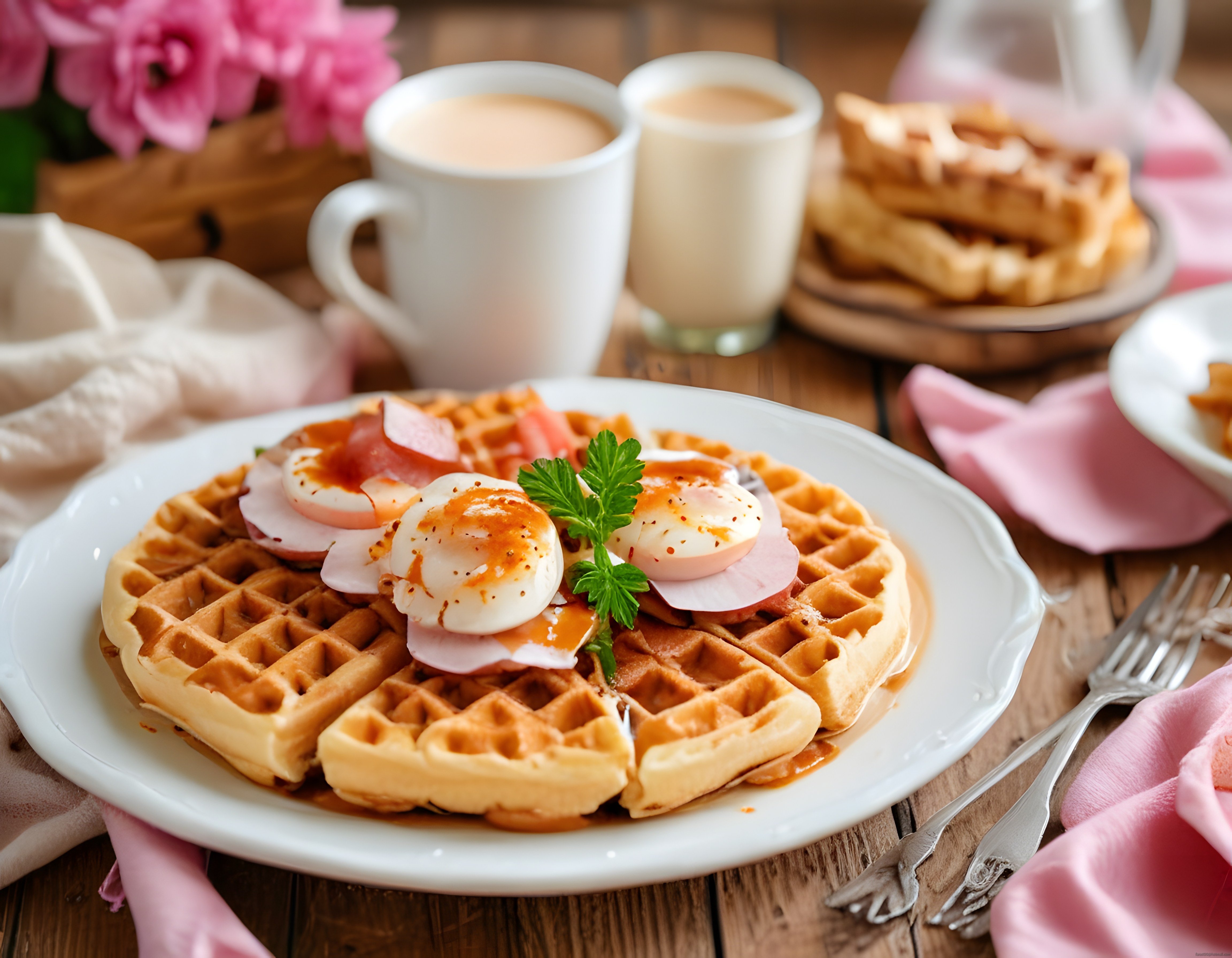Yumurta ve Jambonlu Waffle Tabağı: Sıcak Kahvaltıda Kahve Keyfi