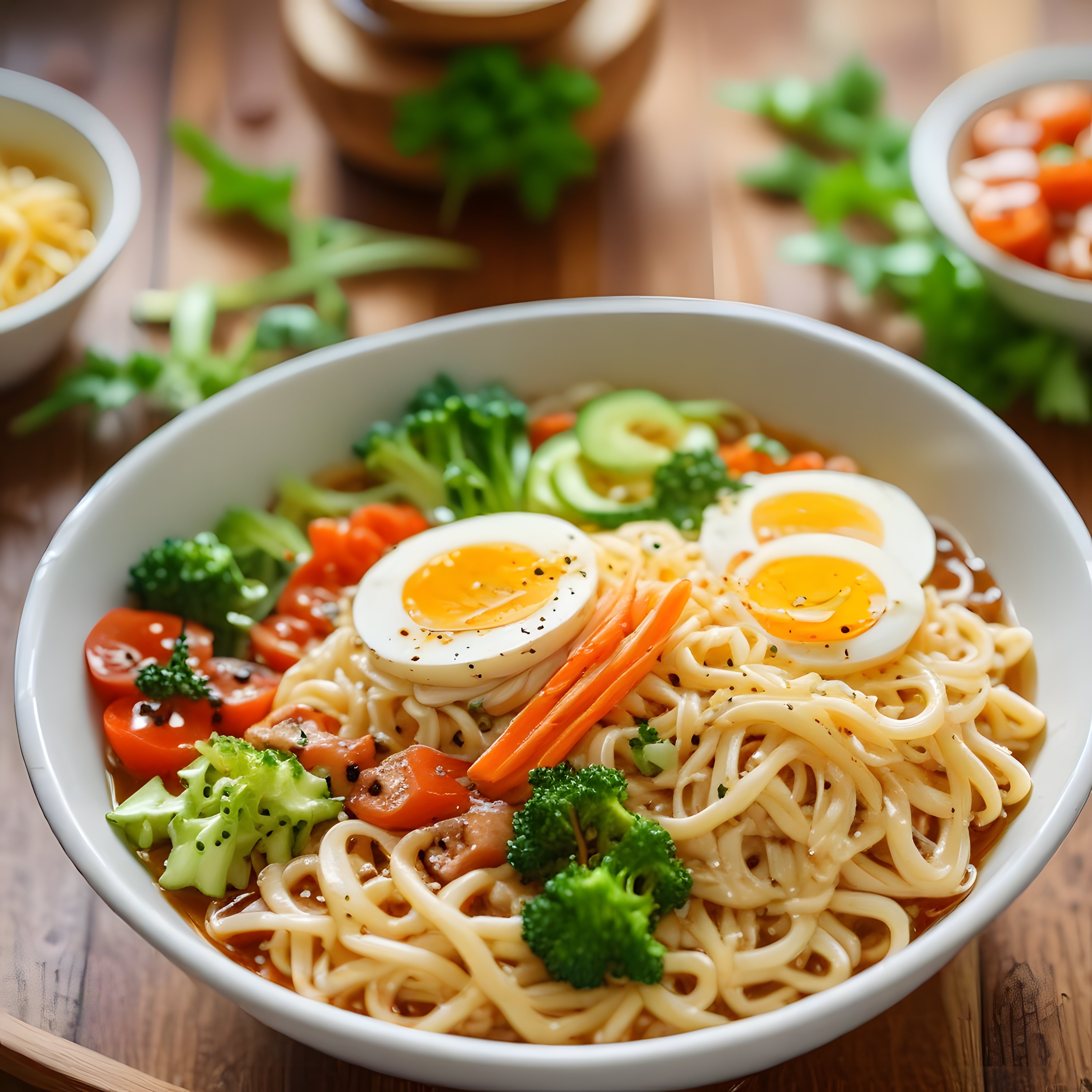 Yumurta ve Renkli Sebzelerle Süslenmiş Sıcak Noodle Çorbası Kasesi