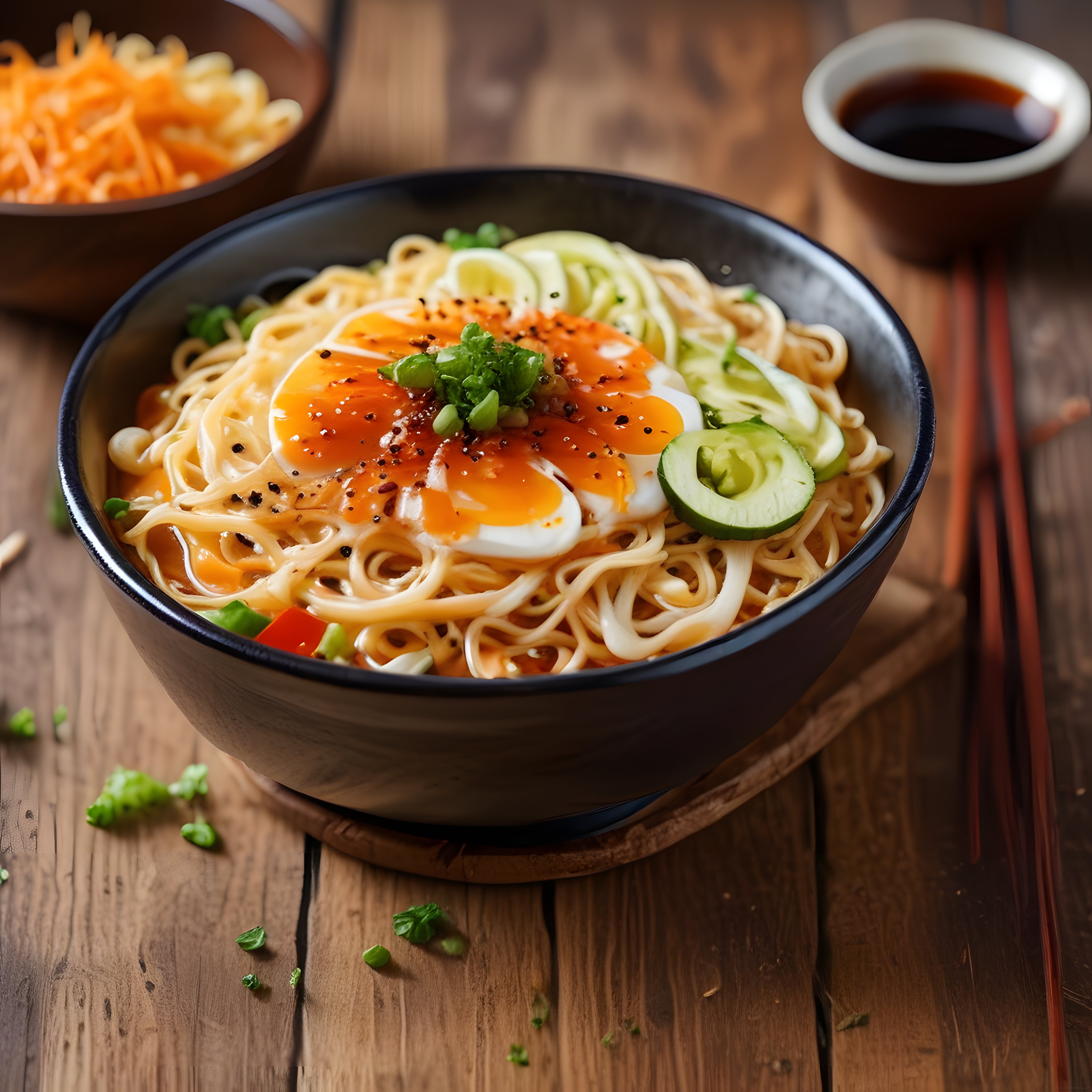 Yumurta ve Taze Sebzelerle Süslenmiş Sıcak Noodle Çorbası Kasesi