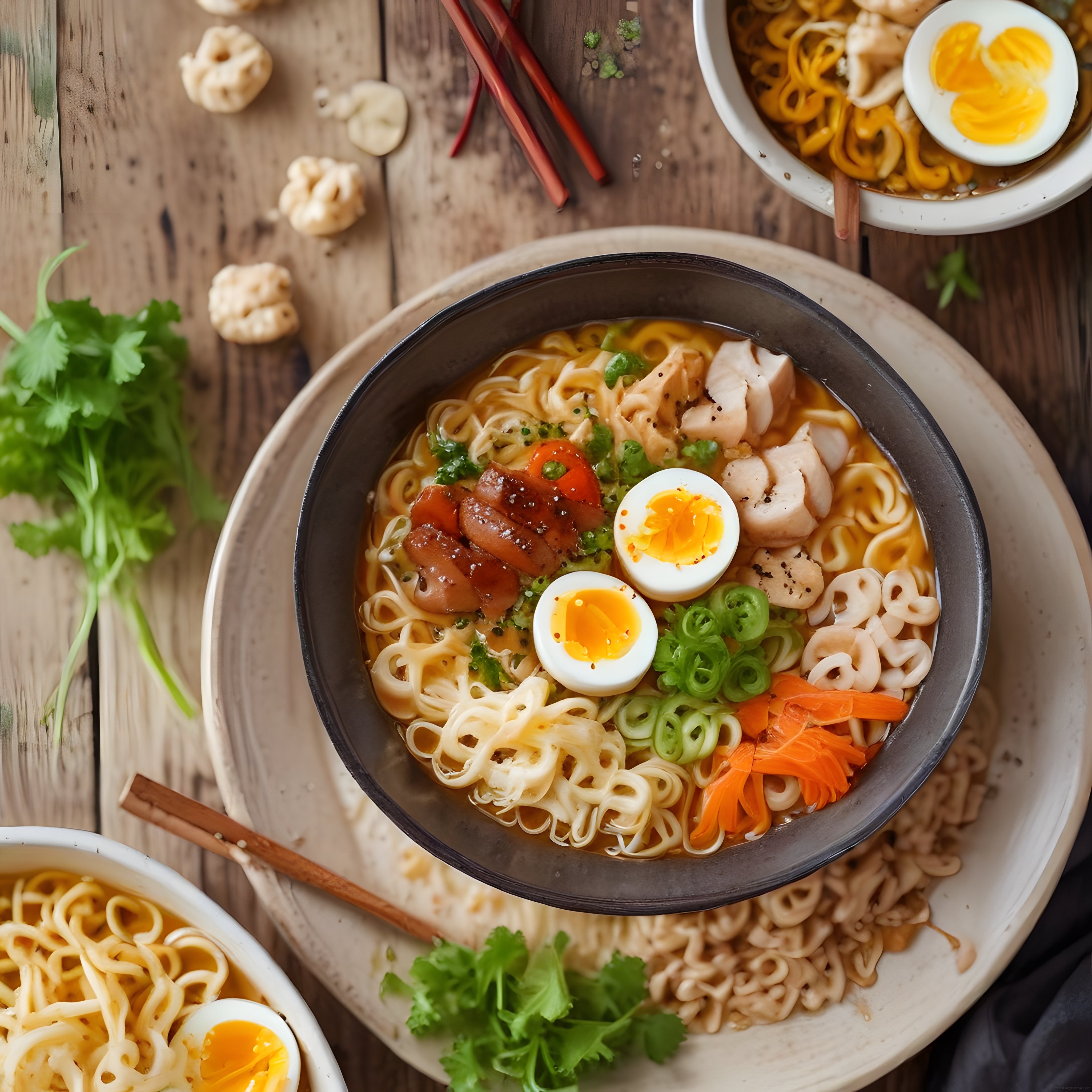 Yumurtalı, dilimlenmiş etli ramen kasesi ahşap masada
