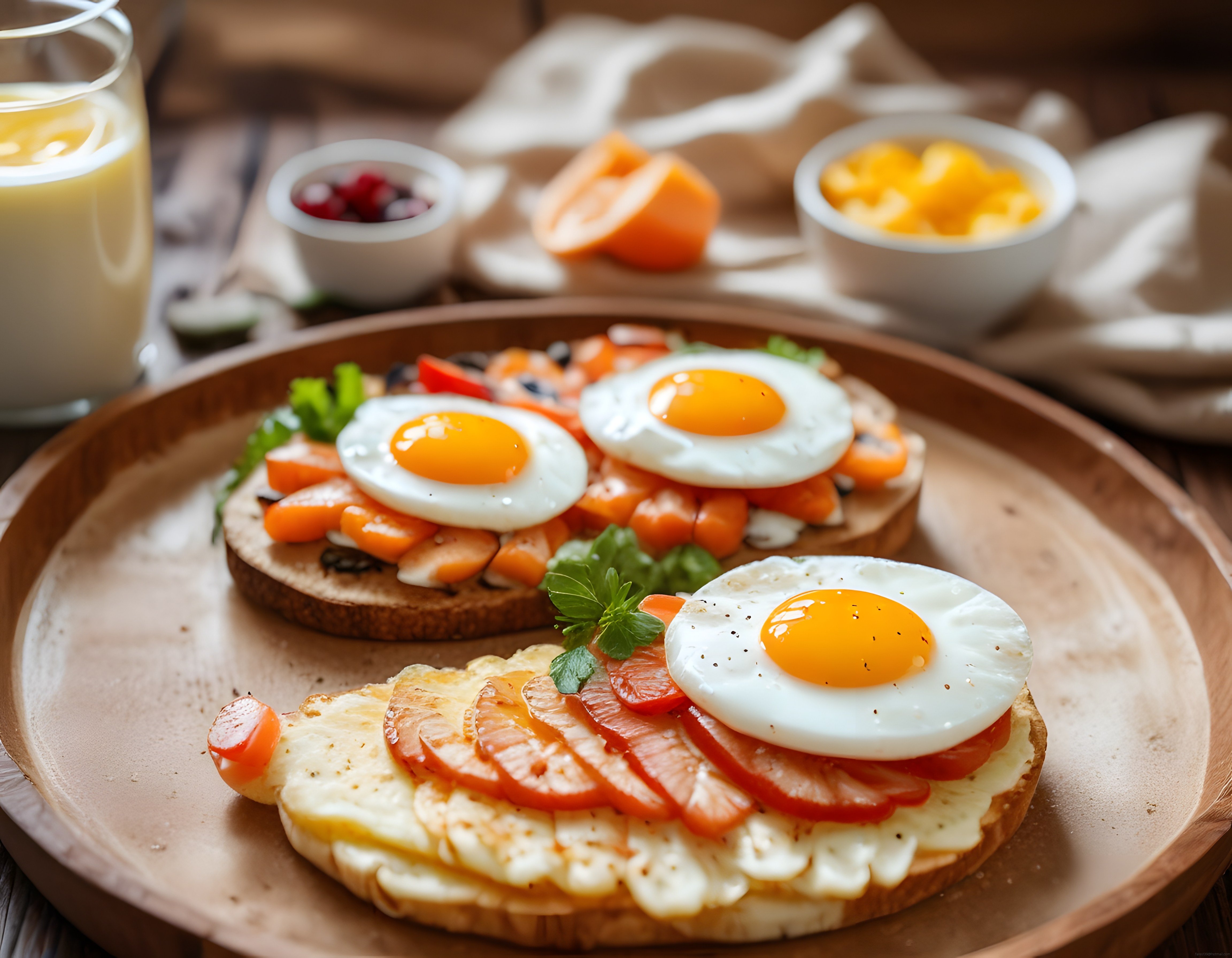 Yumurtalı, domatesli ve peynirli açık sandviçler kahvaltı tabağında