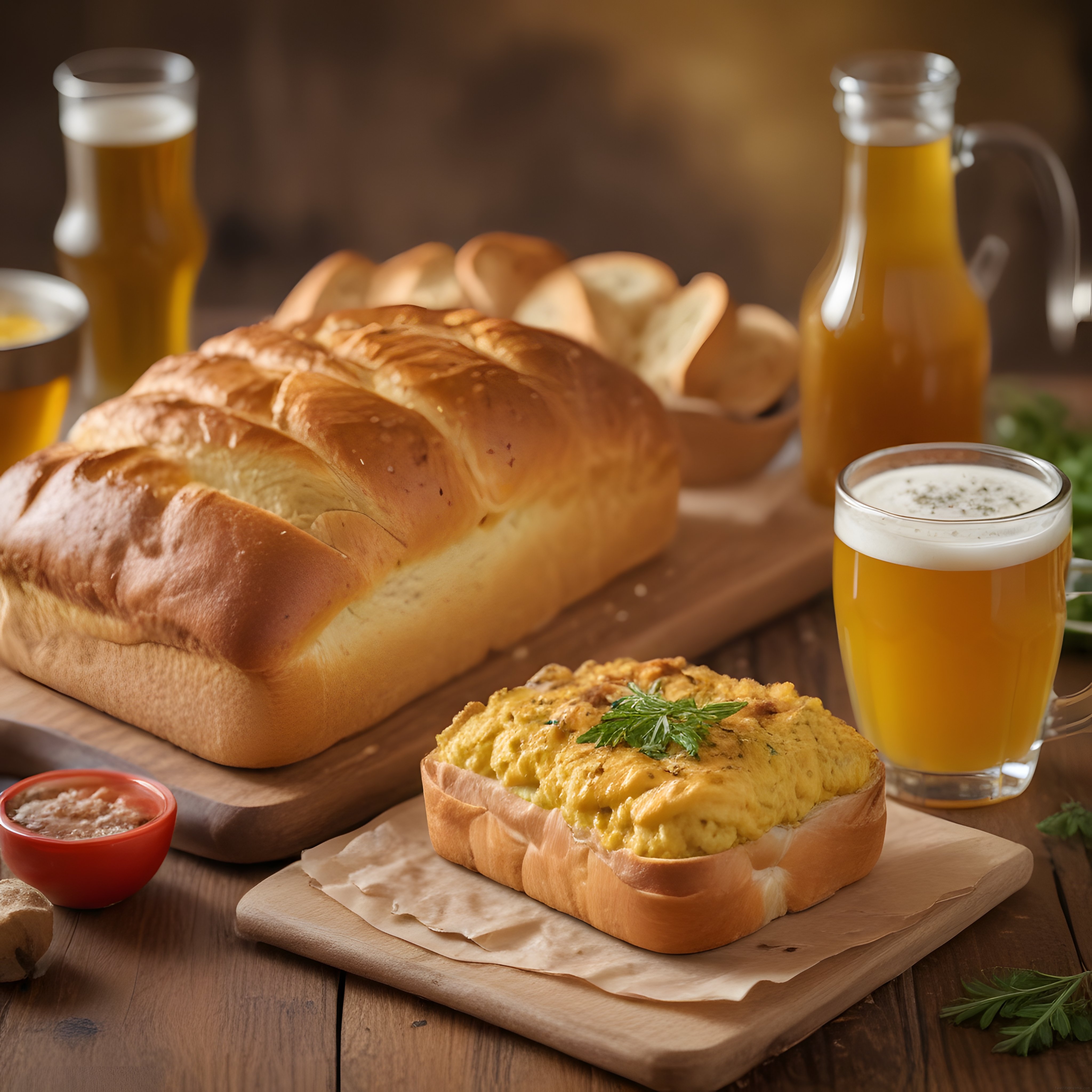 Yumurtalı Ekmek Dilimi ve Köpüklü Bira Eşliğinde Rustik Kahvaltı Sunumu