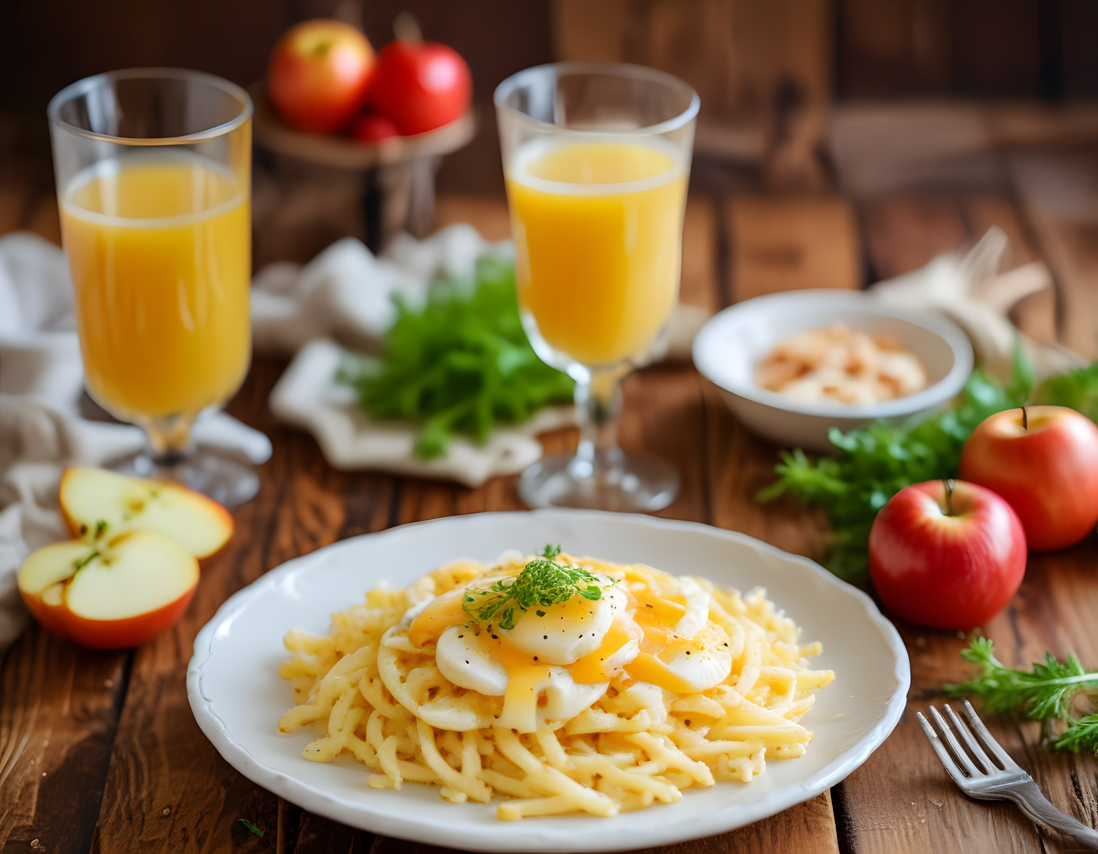Yumurtalı Erişte ve Portakal Suyu ile Sıcak Ev Kahvaltısı Sofrası