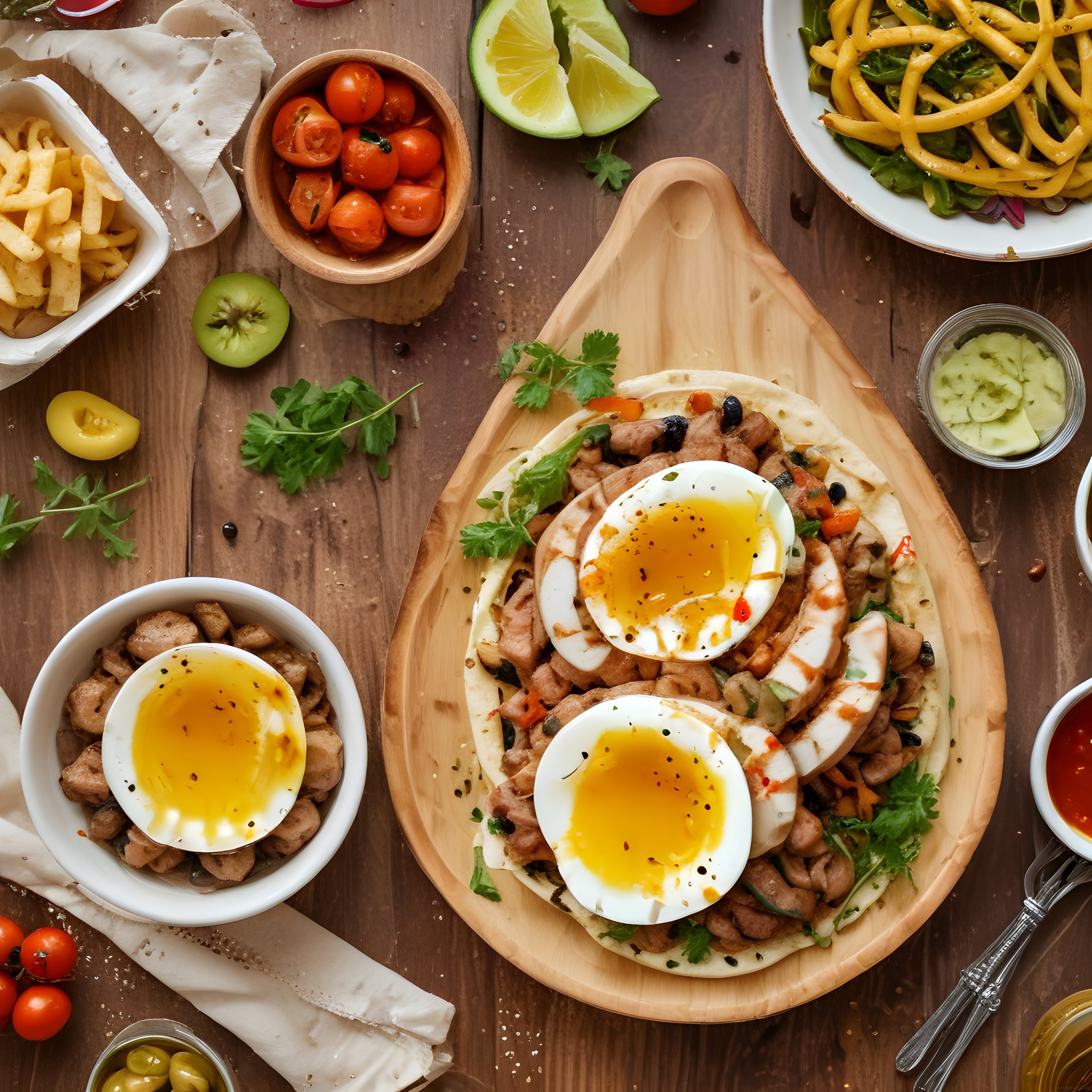 Yumurtalı Etli Brunch Tabağı: Ahşap Sunum ve Taptaze Yan Lezzetler