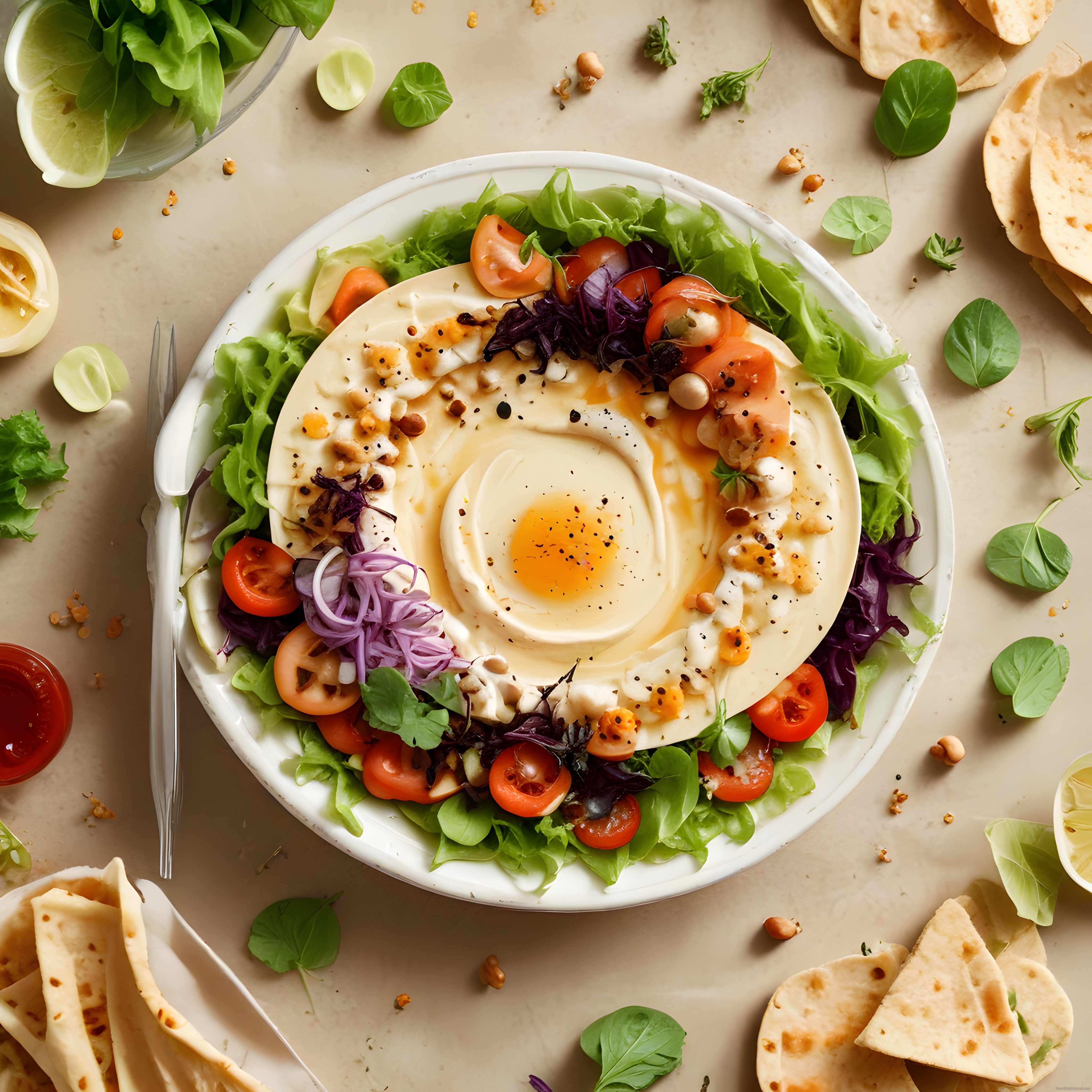 Yumurtalı Humus Kasesi: Taze Sebzeler ve Lavaş ile Sağlıklı Kahvaltı Sunumu