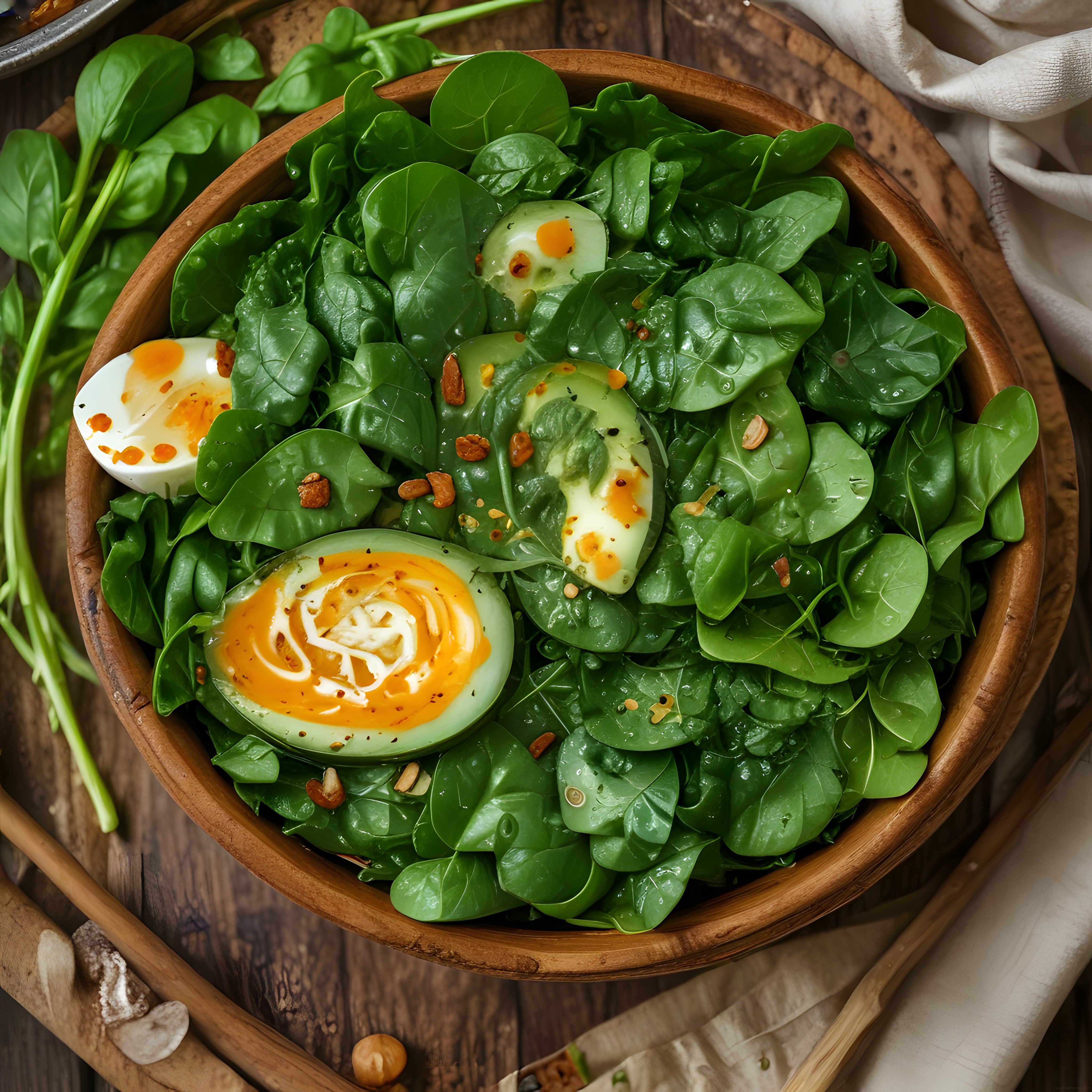Yumurtalı ıspanak salatası ahşap kasede servis edilmiş