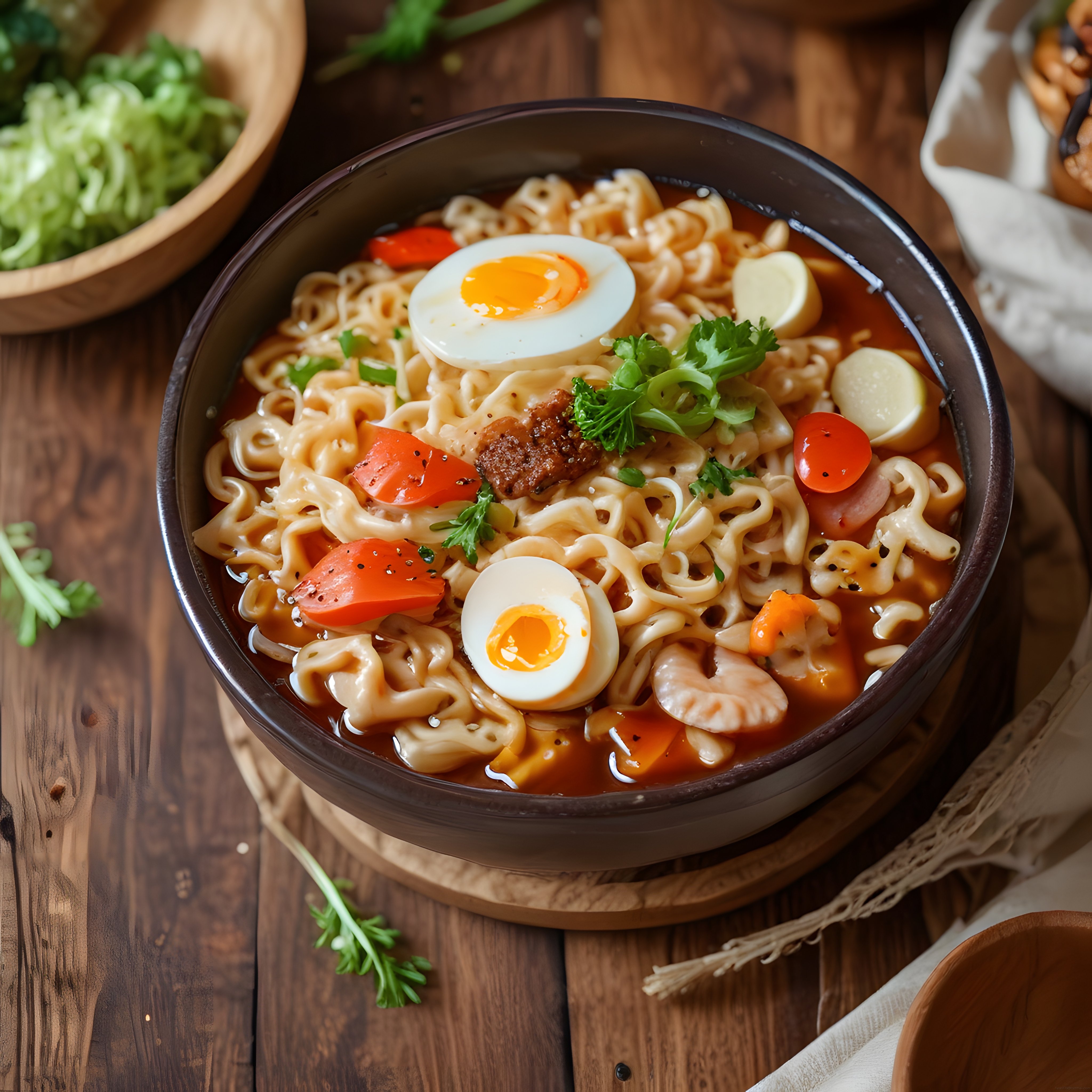 Yumurtalı karidesli baharatlı noodle çorbası koyu kasede sunum