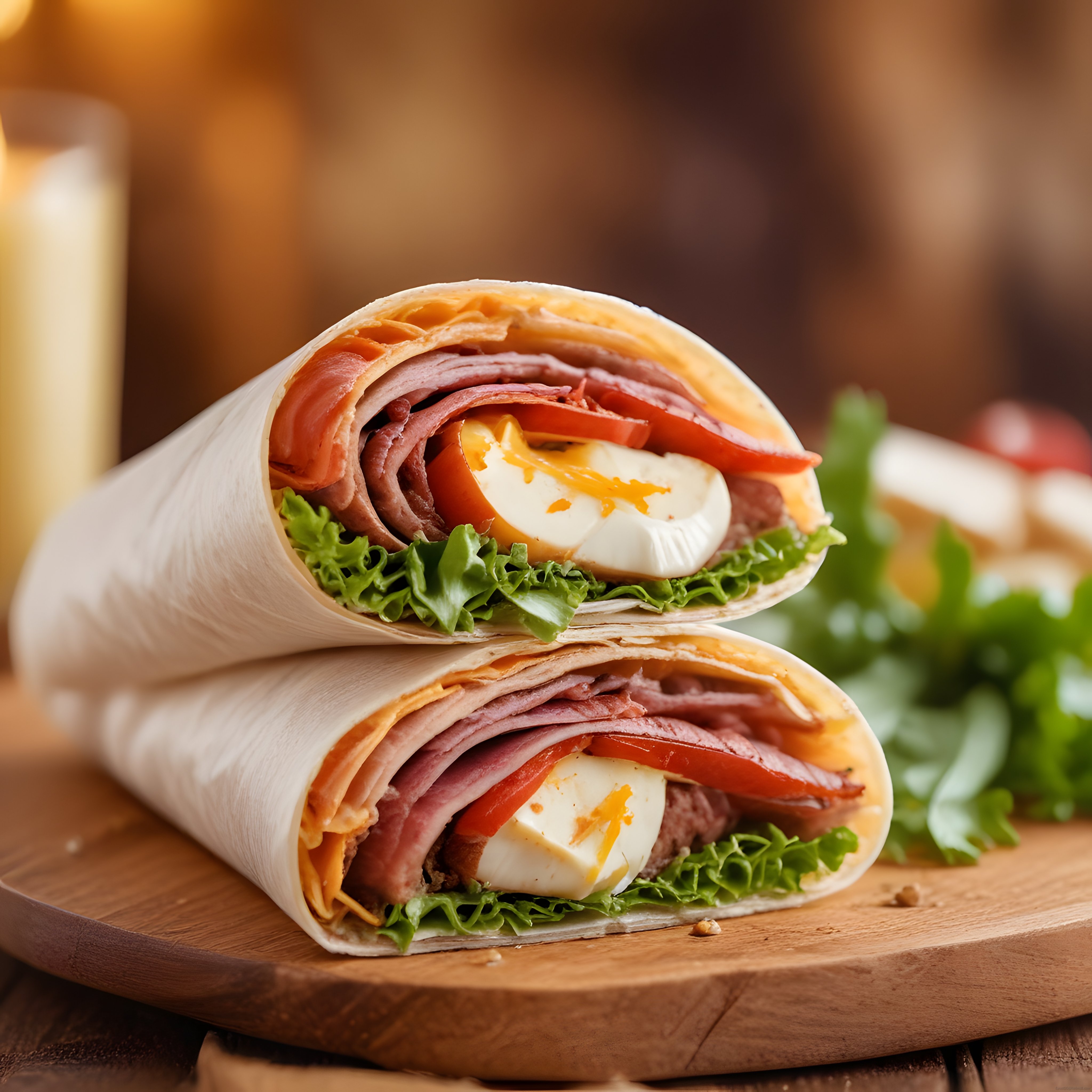 yumurtalı pastırmalı kahvaltılık wrap ahşap sunum tahtasında rustik atmosfer