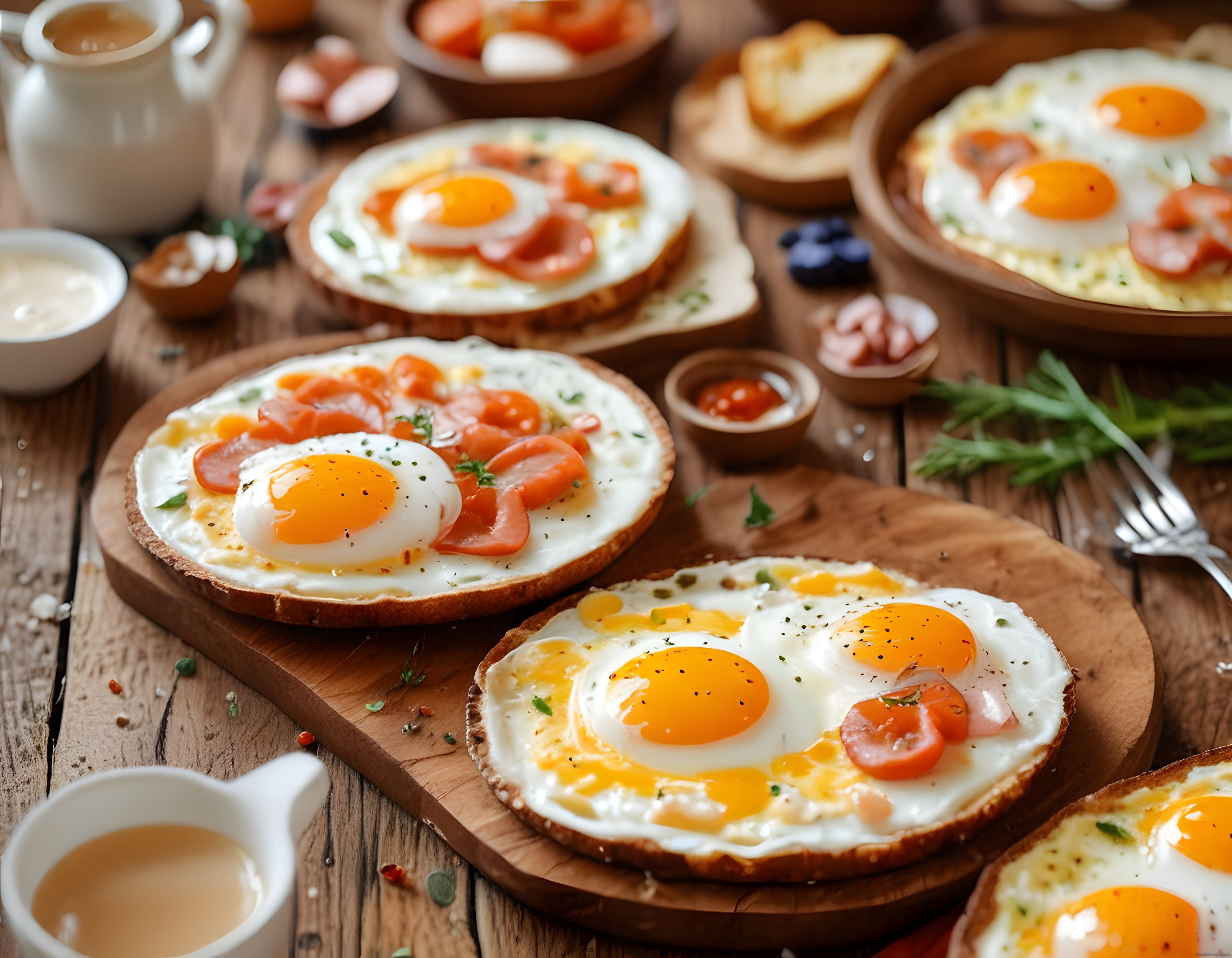 Yumurtalı sosisli bazlamalı rustik kahvaltı tabağı ve ahşap masa sunumu