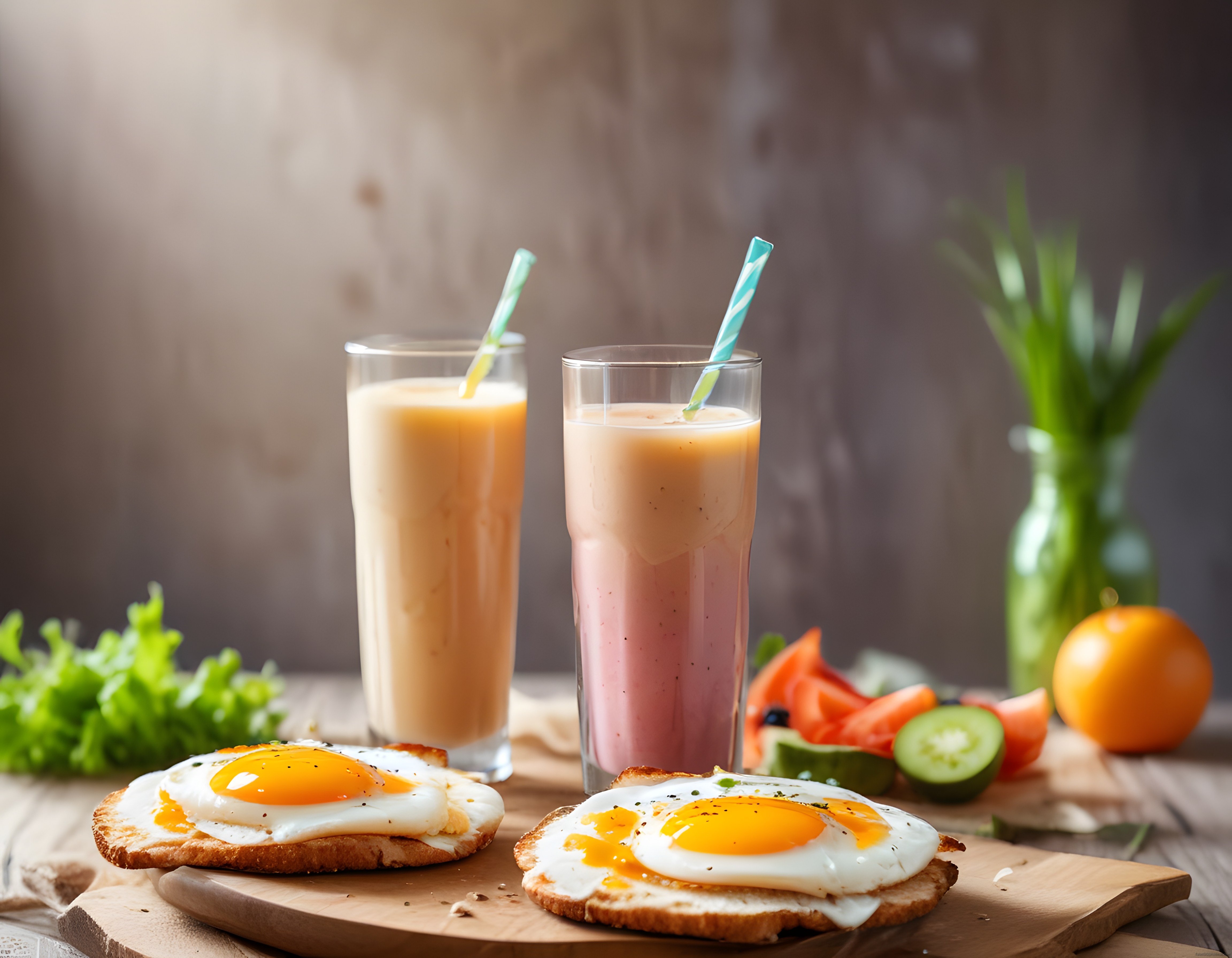 Yumurtalı tost ve taze meyve smoothielerinin yer aldığı keyifli kahvaltı tablosu