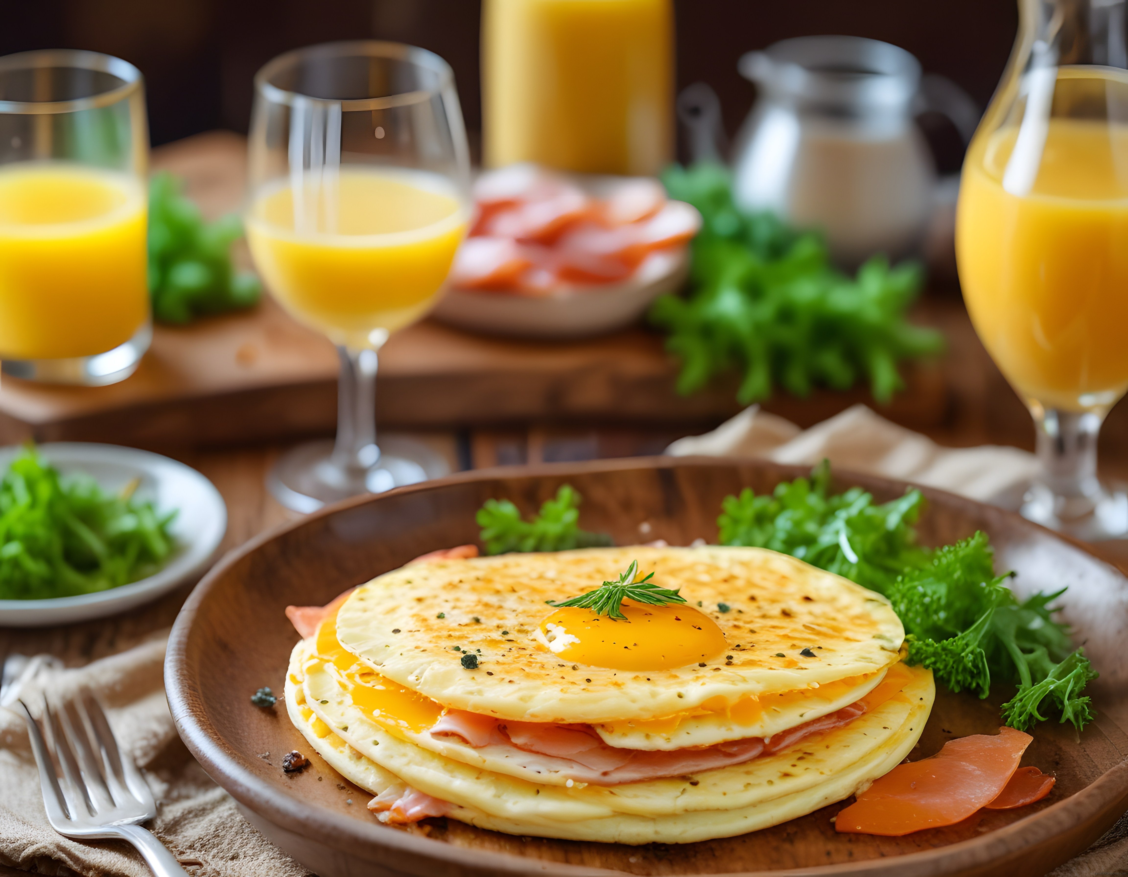 Yumurtalı ve jambonlu krep kulesiyle şık kahvaltı masası ve taze portakal suları