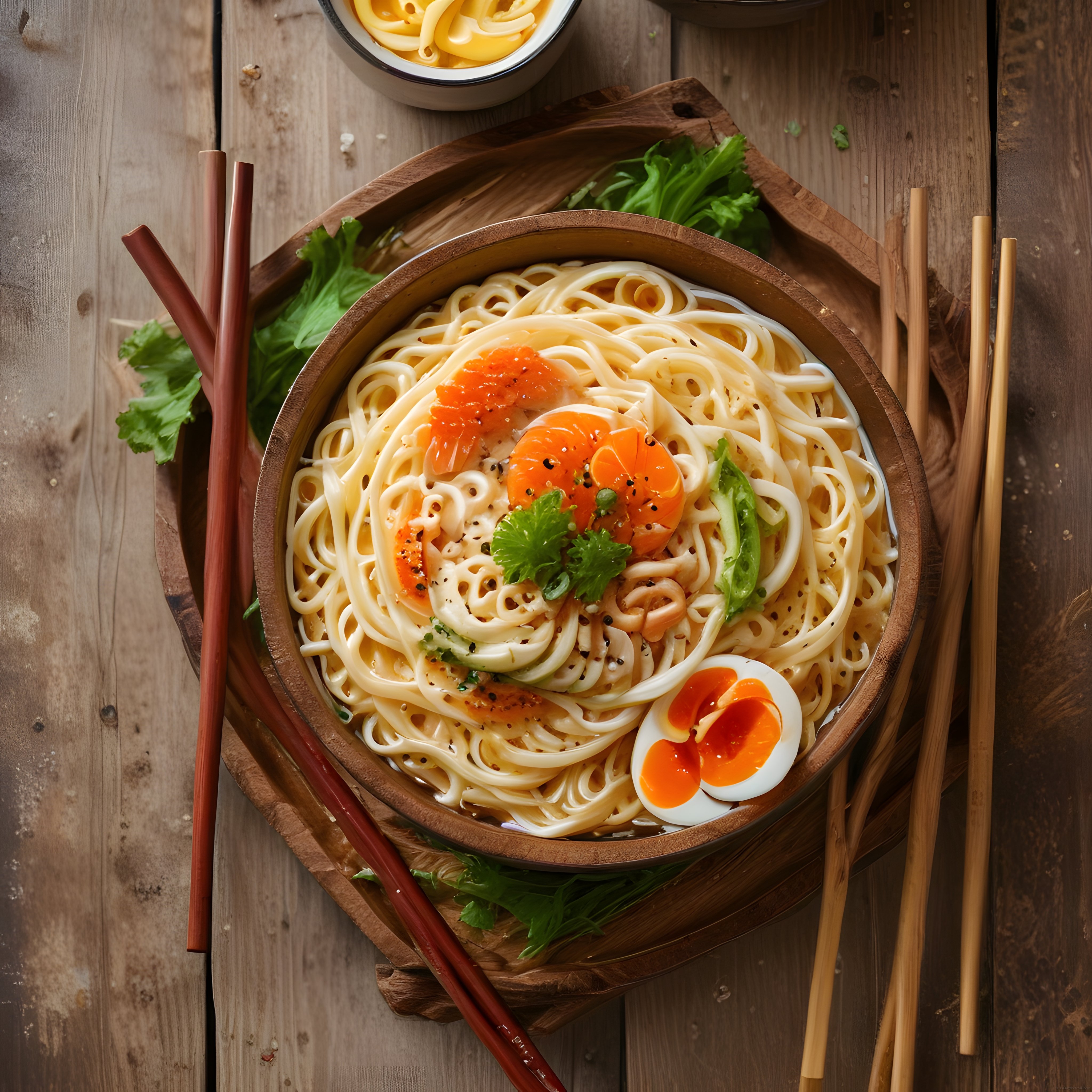 Yumurtalı ve Kişnişli Asya Eriştesi: Ahşap Sunum Tahtasında Noodle Keyfi
