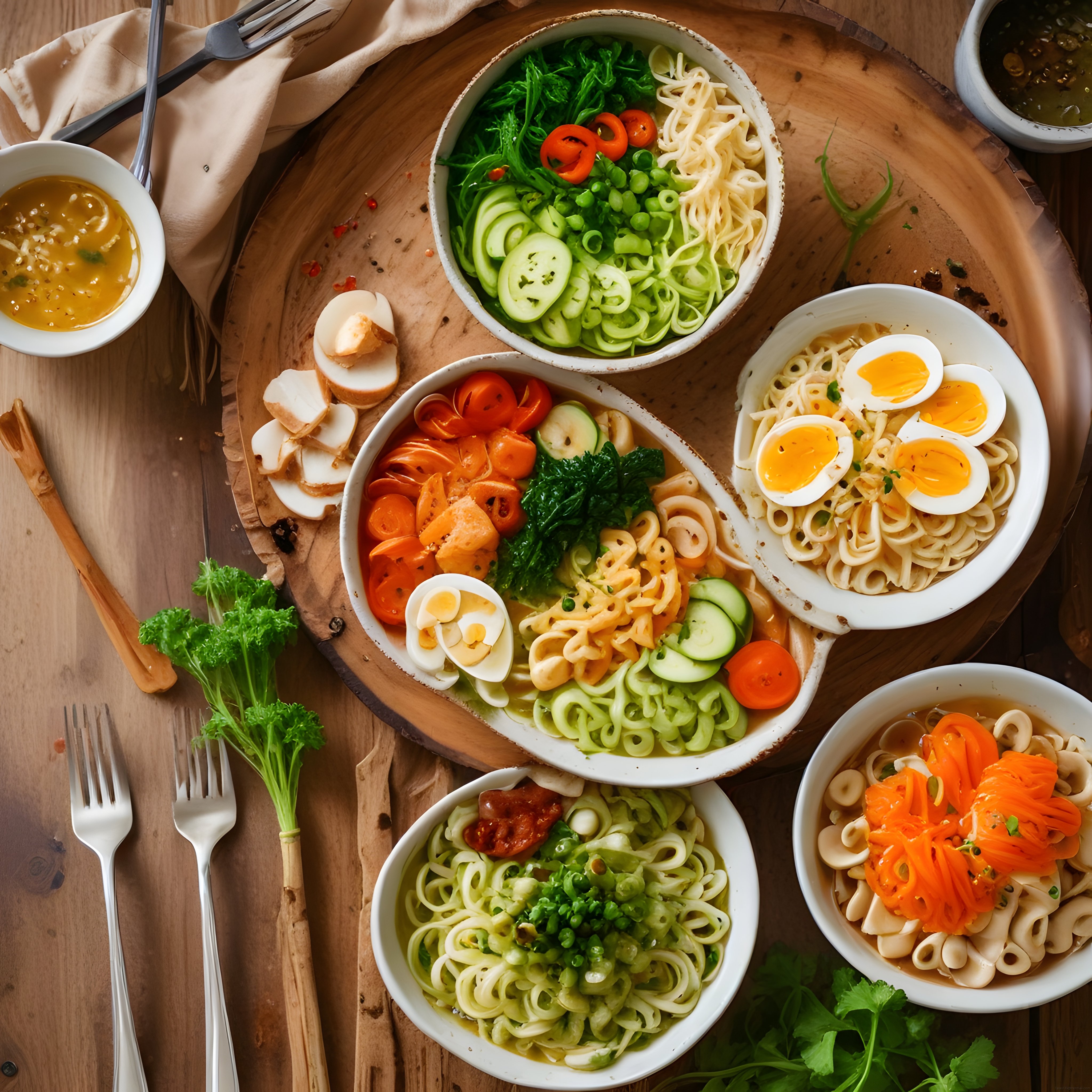 Yumurtalı ve Sebzeli Noodle Kaseleriyle Ahşap Masada Sıcacık Ramen Sunumu