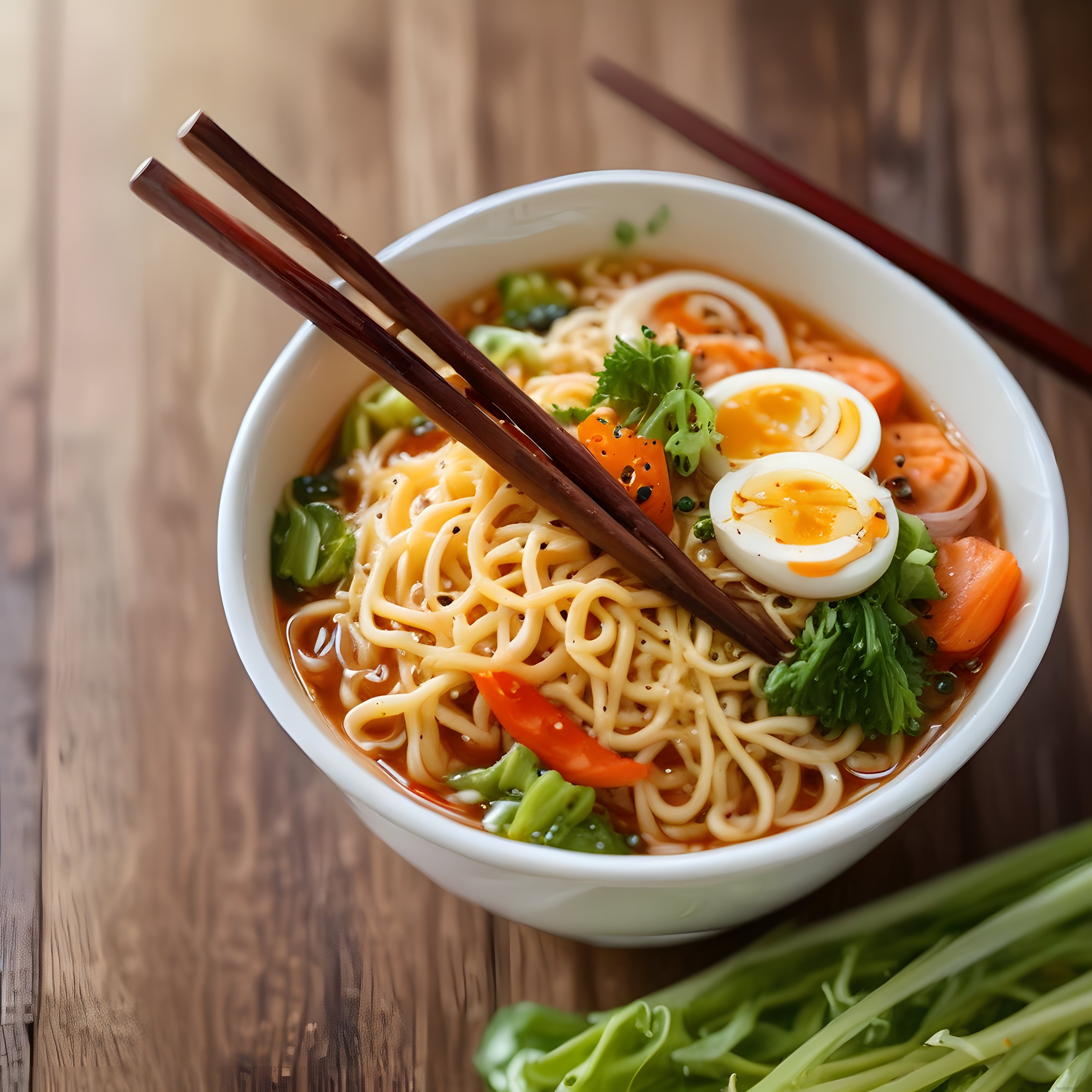 Yumurtalı ve Sebzeli Sıcak Noodle: Ahşap Masada Ramen Sunumu