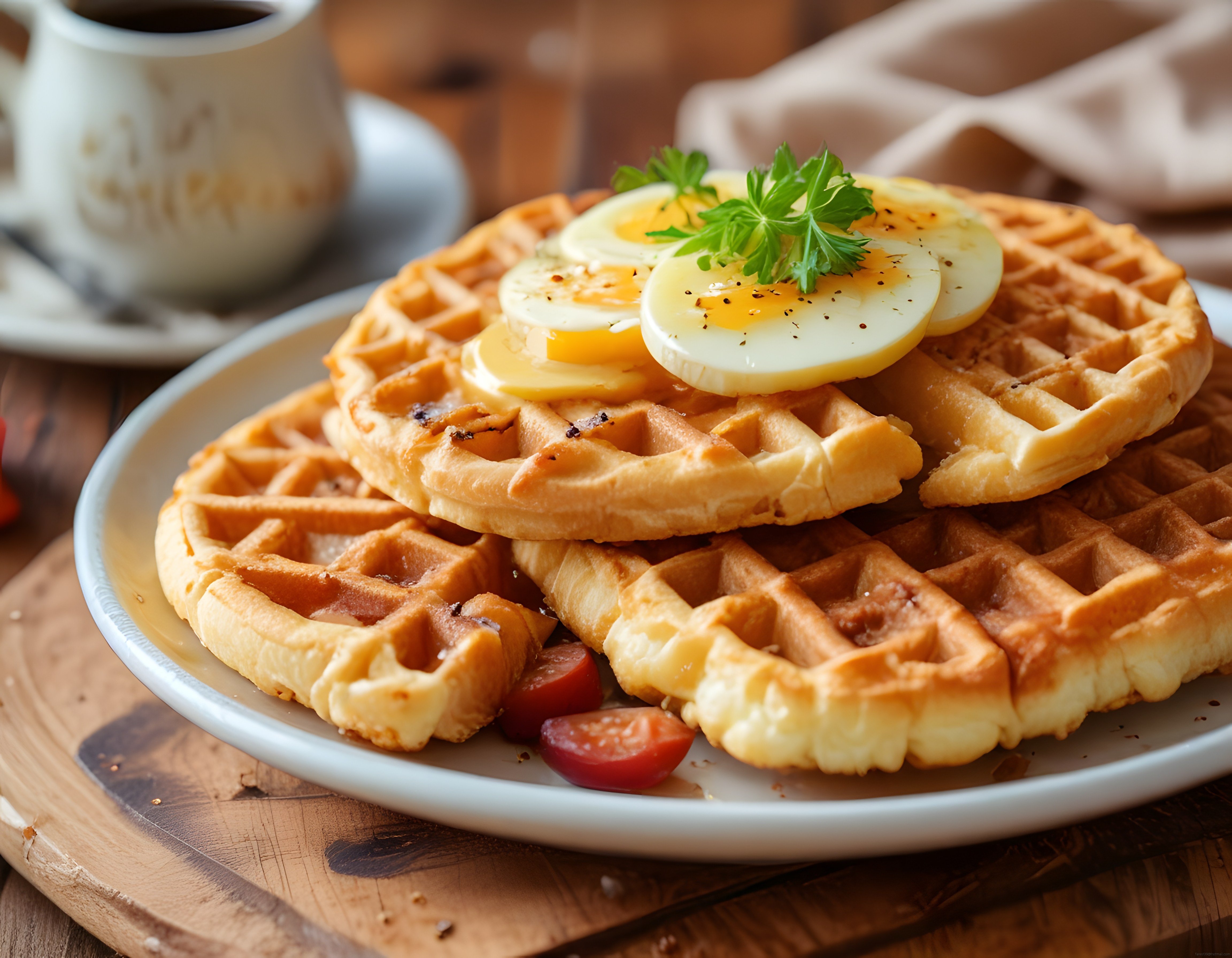 Yumurtalı Waffle Kahvaltı Tabağı, Taze Domates ve Sıcak Kahve ile Lezzetli Brunch