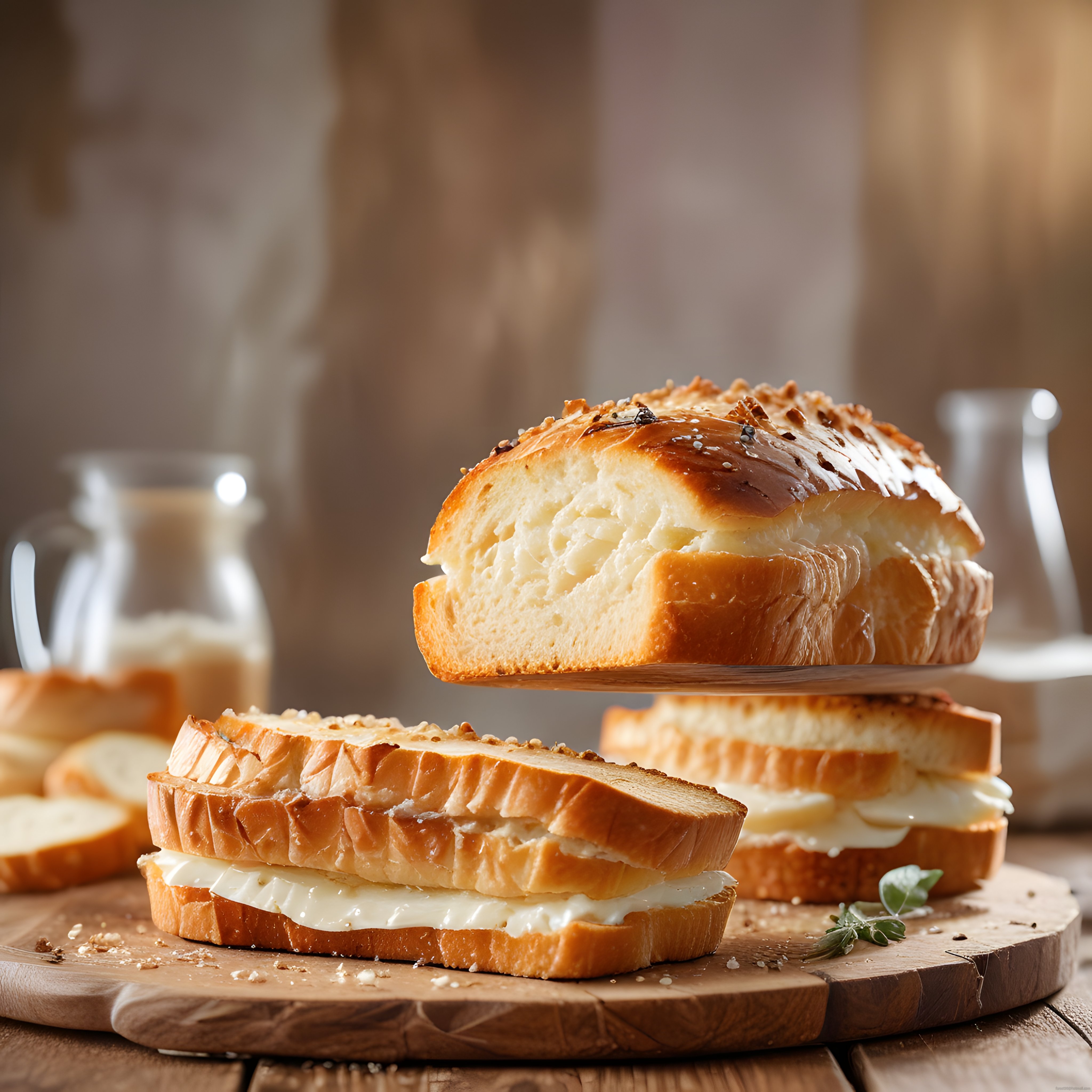 Yumuşacık Dokulu Kremalı Ekmek Dilimleri ile Ahşap Sunum Tahtasında Kahvaltı Keyfi