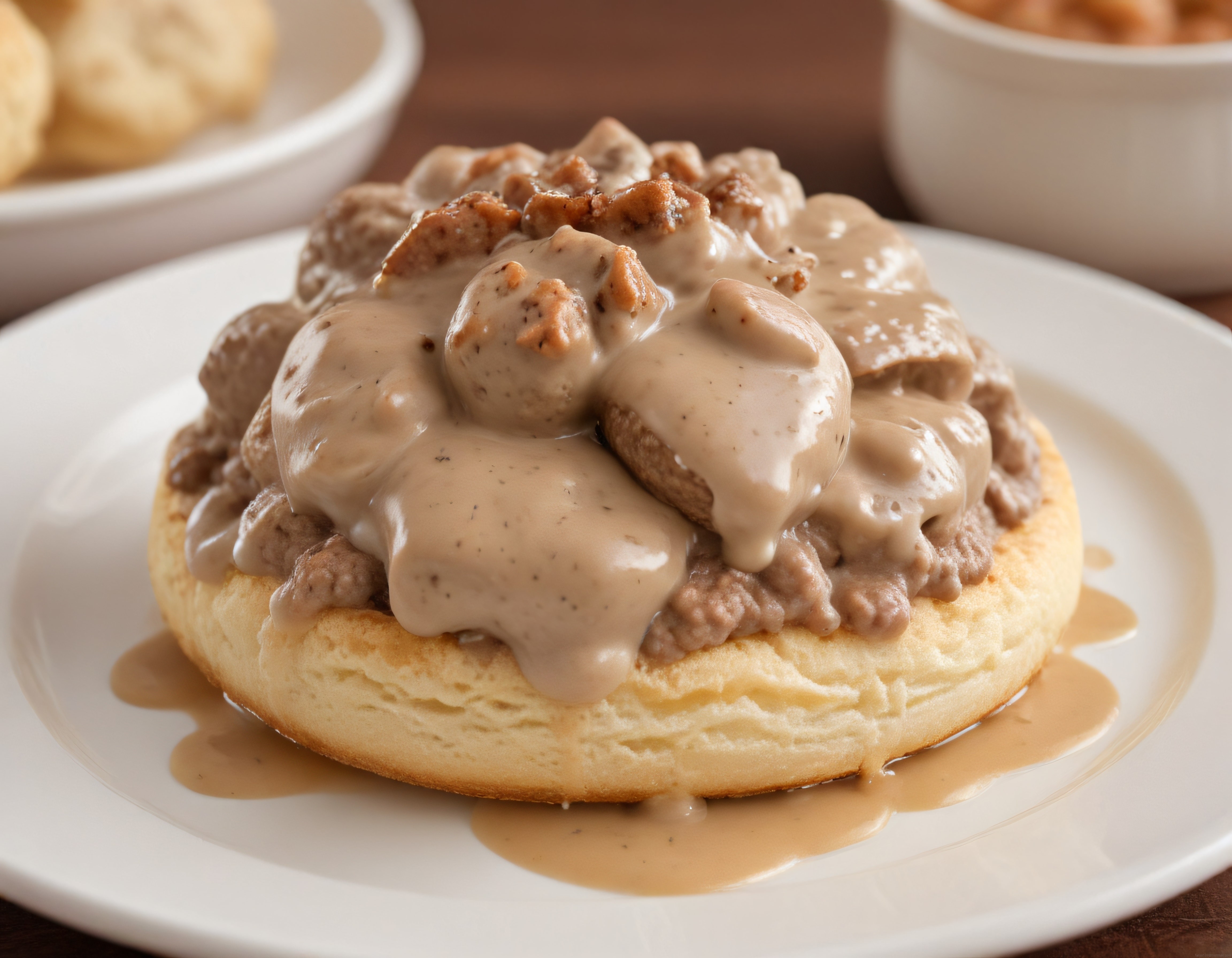 Yumuşacık Ev Yapımı Biscuit Üzerinde Sosisli Gravy Soslu Nefis Kahvaltı
