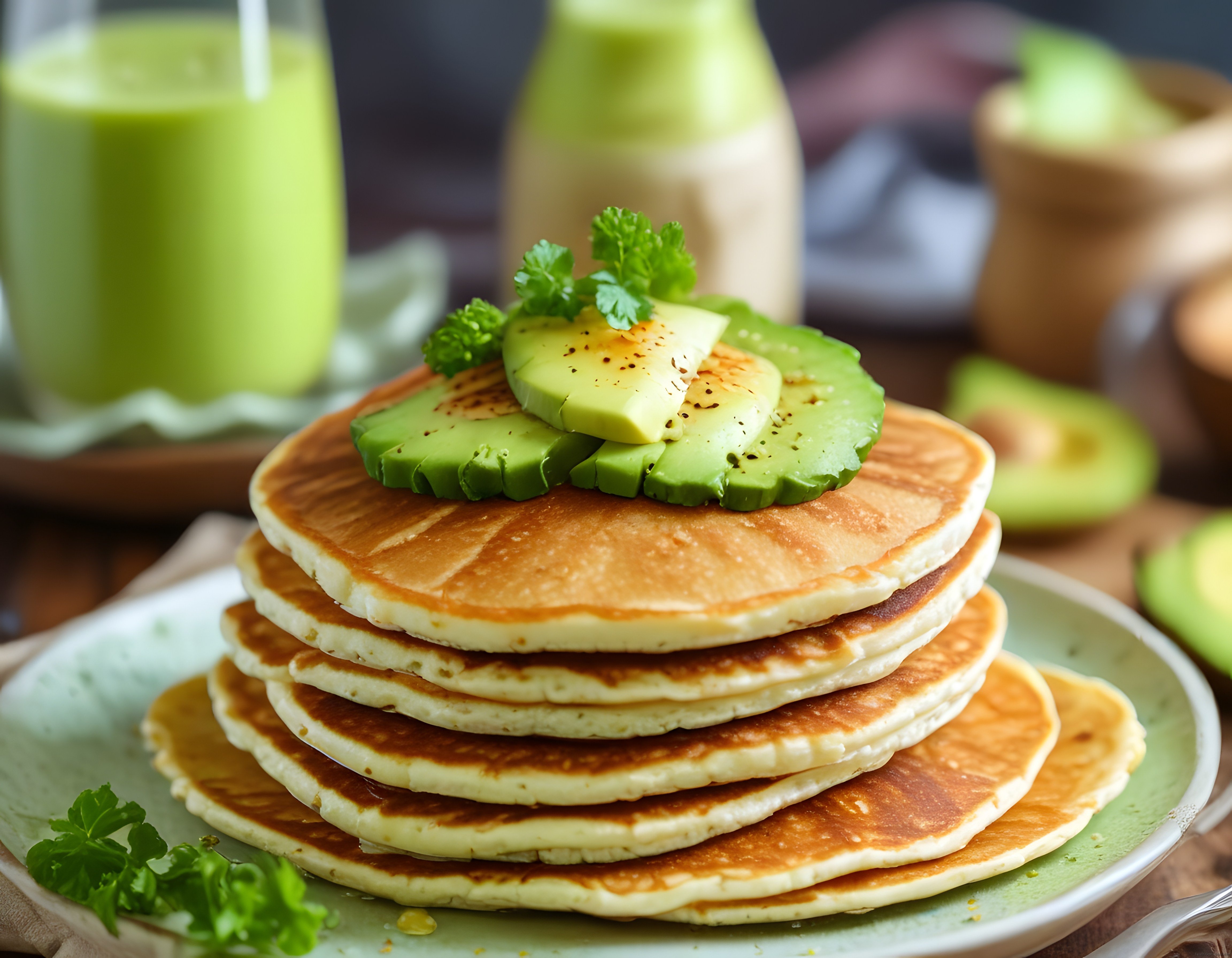 Yumuşacık Pankek Kulesi Üzerinde Taze Avokado ile Sağlıklı Kahvaltı Keyfi