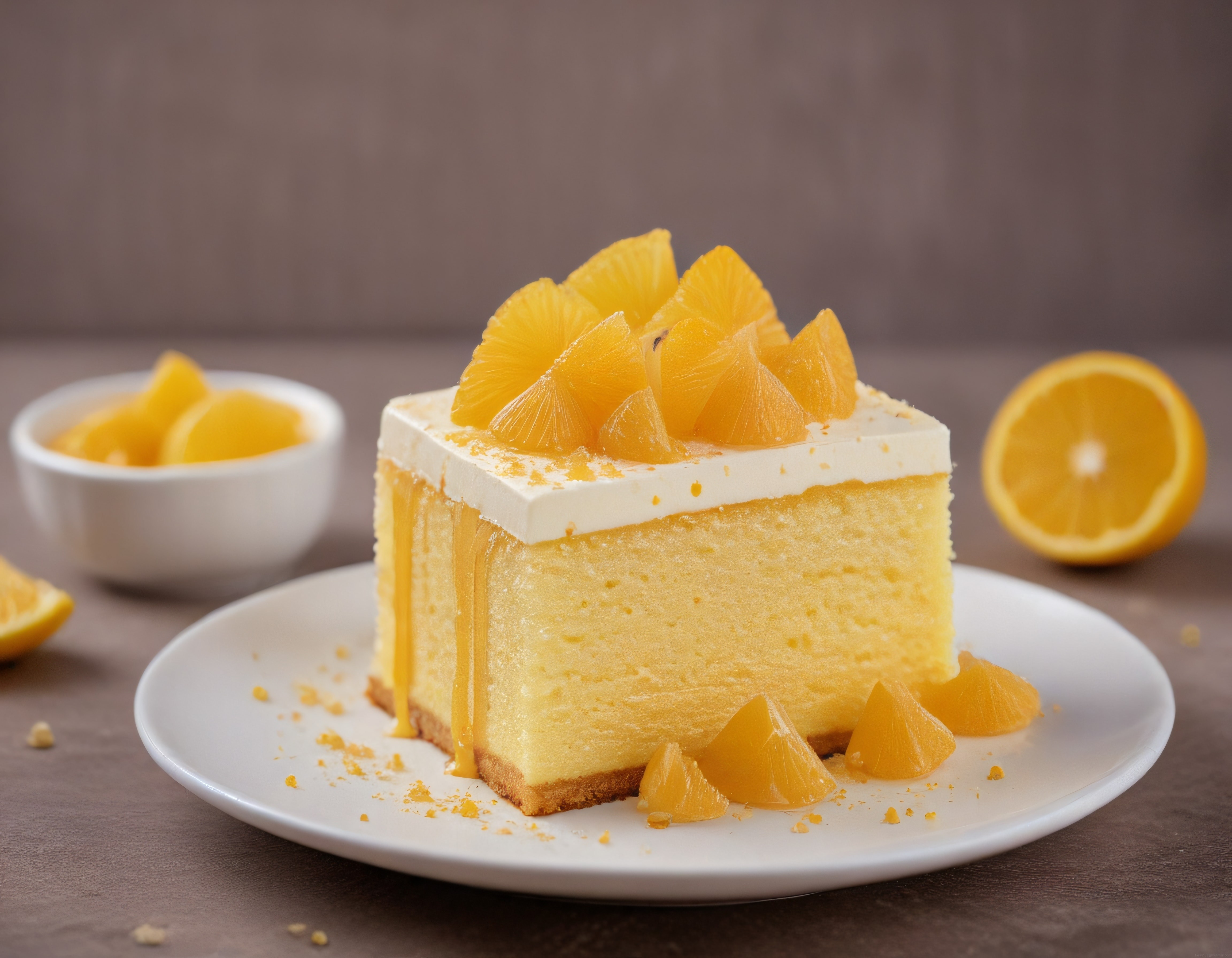 Yumuşacık Portakallı Cheesecake Dilimi: Krema ve Taze Portakal ile Sunum