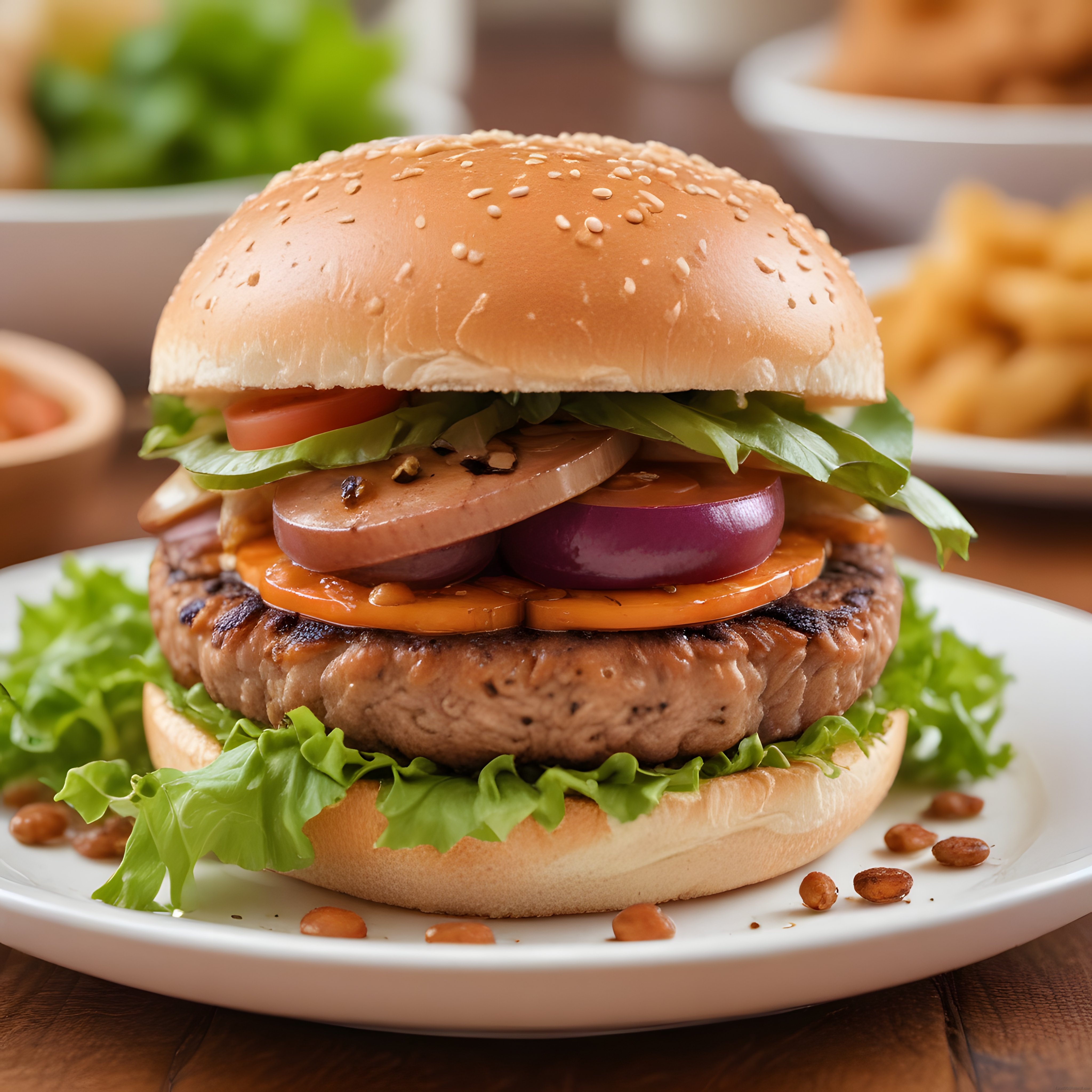 Yumuşacık Susamlı Ekmek Arası Izgara Köfteli Hamburger ve Patates Kızartması