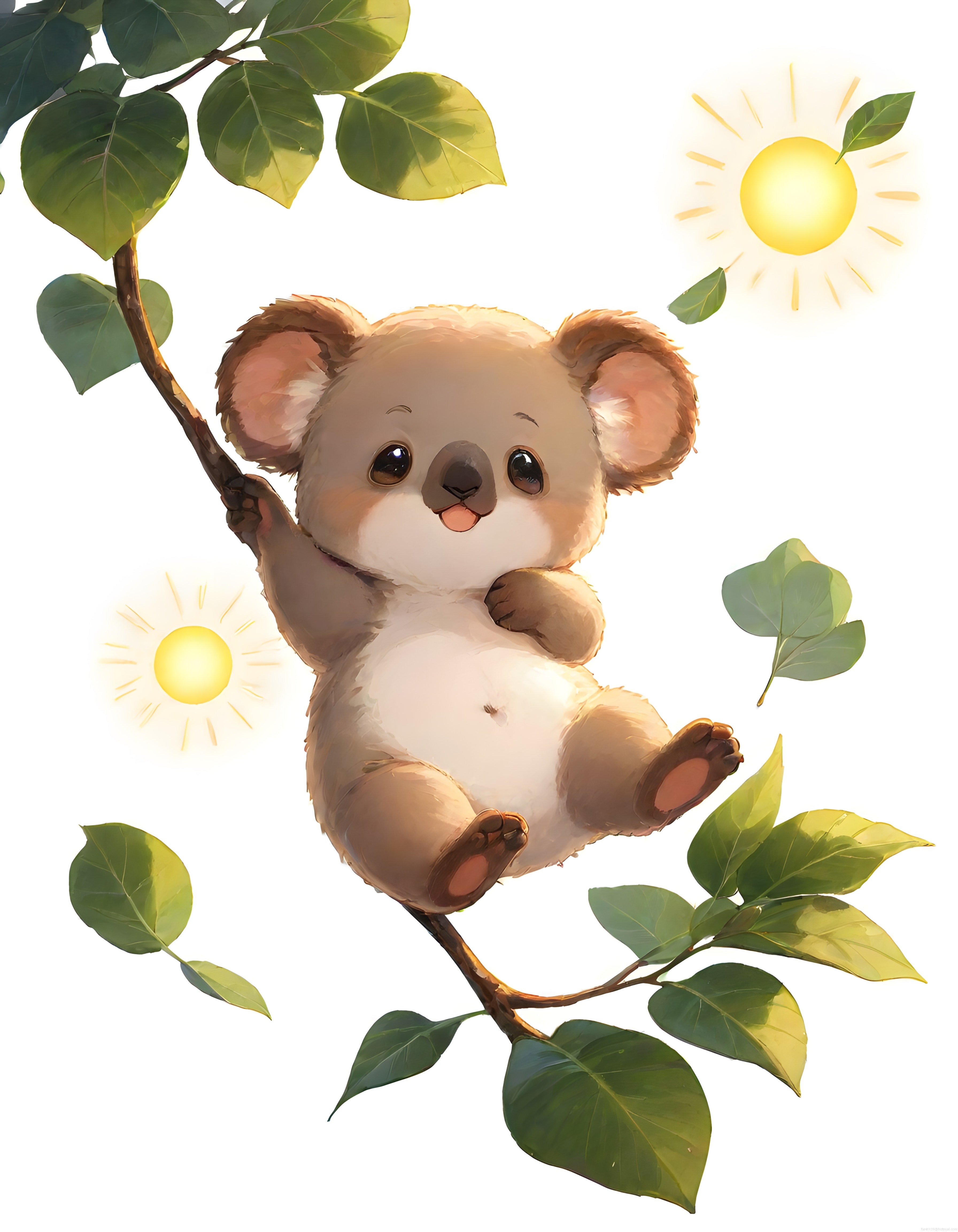 Yumuşacık Tüyleriyle Dalda Sallanan Sevimli Anime Koala ve Parıltılı Güneşler