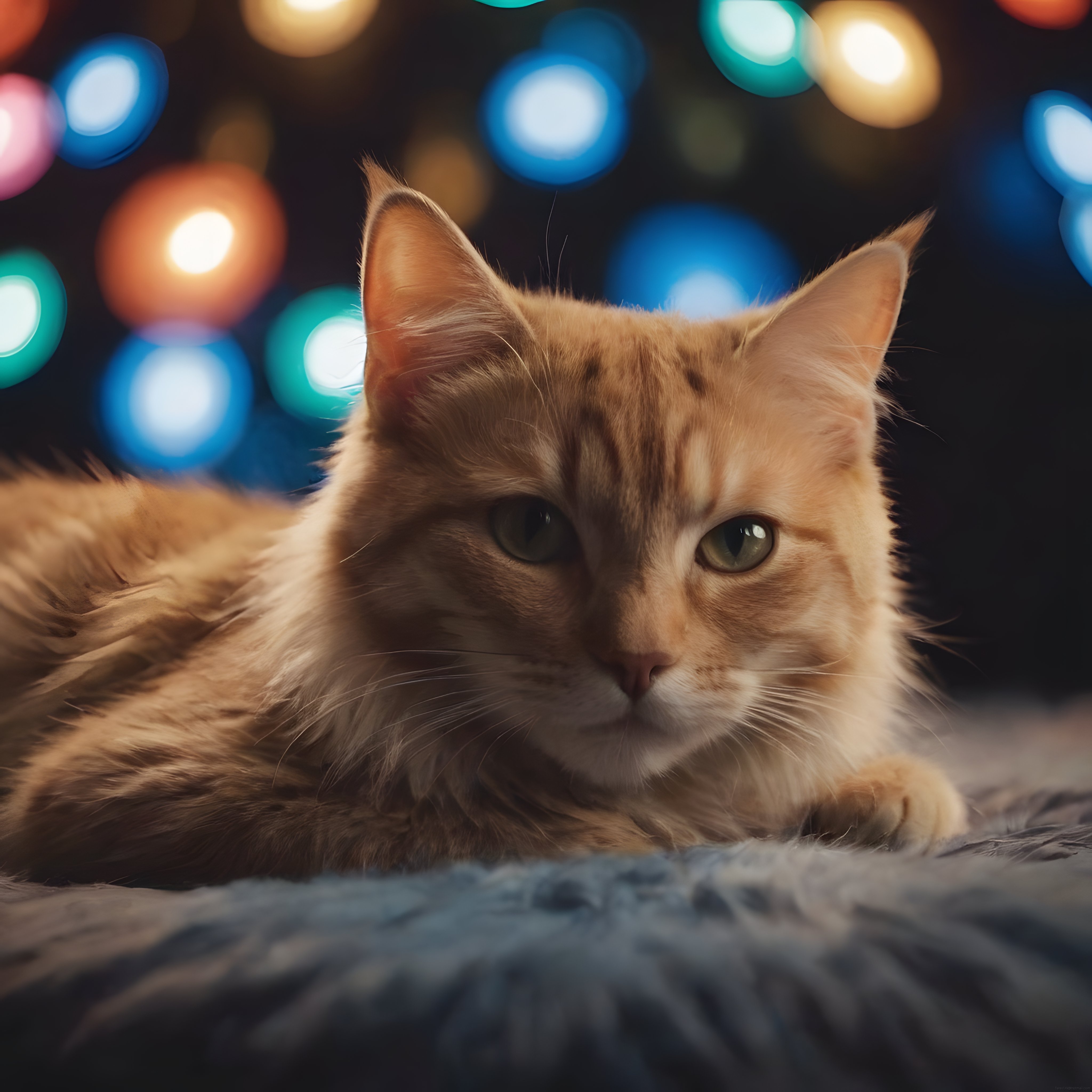 Yumuşak Battaniyede Uzanmış Sarı Tekir Kedi ve Renkli Bokeh Işıkları