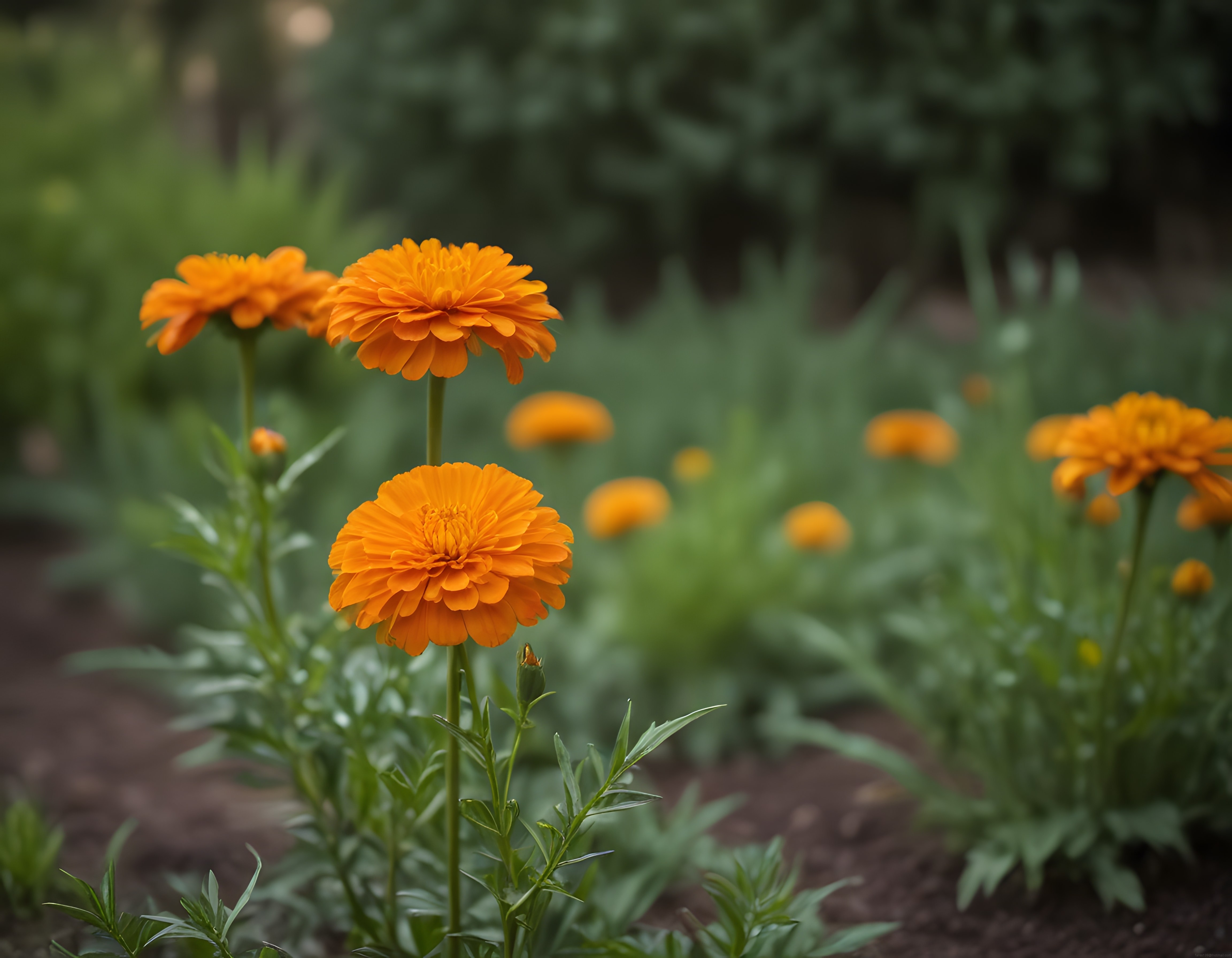 Yumuşak Bokeh Efektiyle Bahçede Açan Canlı Turuncu Kasımpatı Çiçekleri