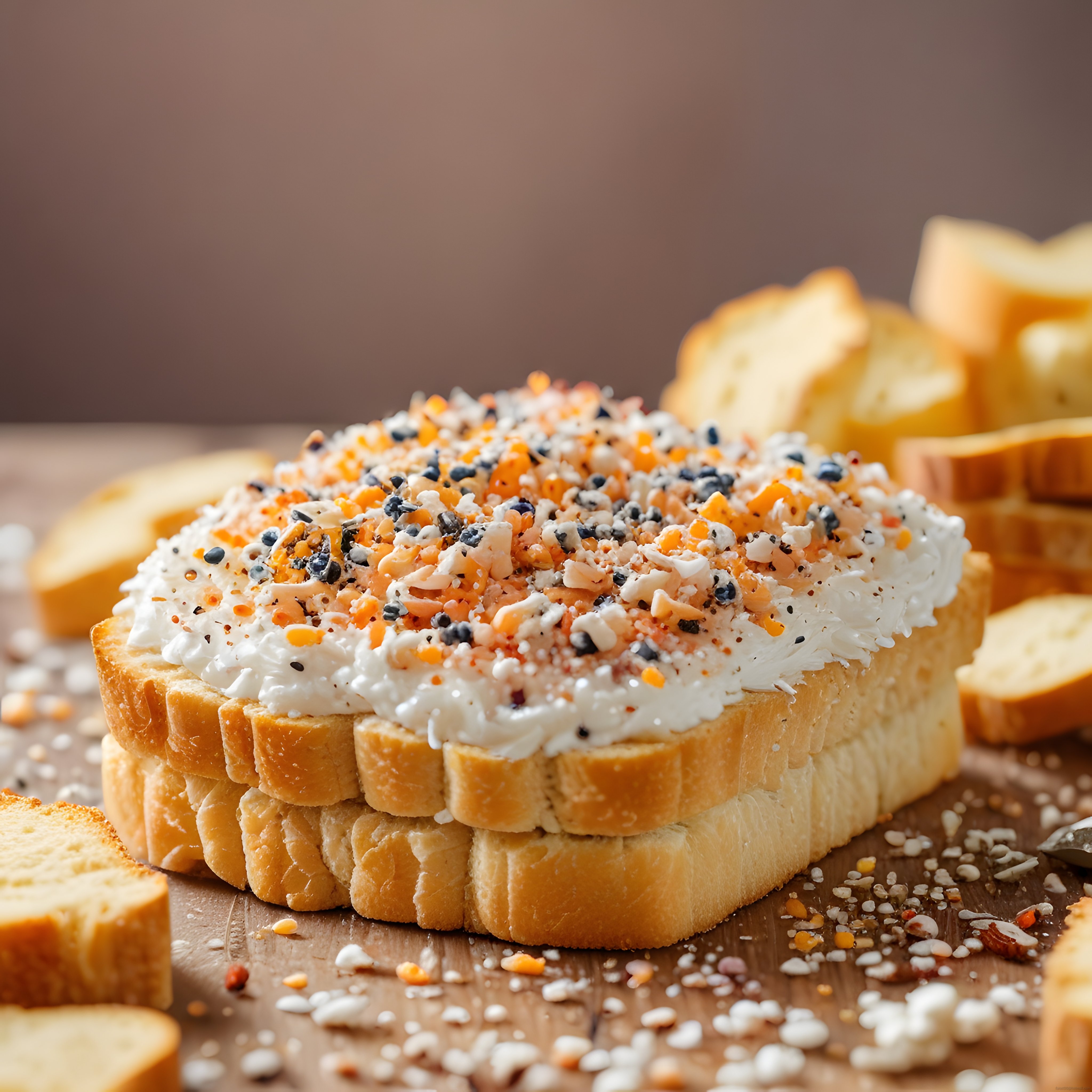 yumuşak ekmek dilimleri üzerinde krem peynir ve özel baharat serpmeli kahvaltılık