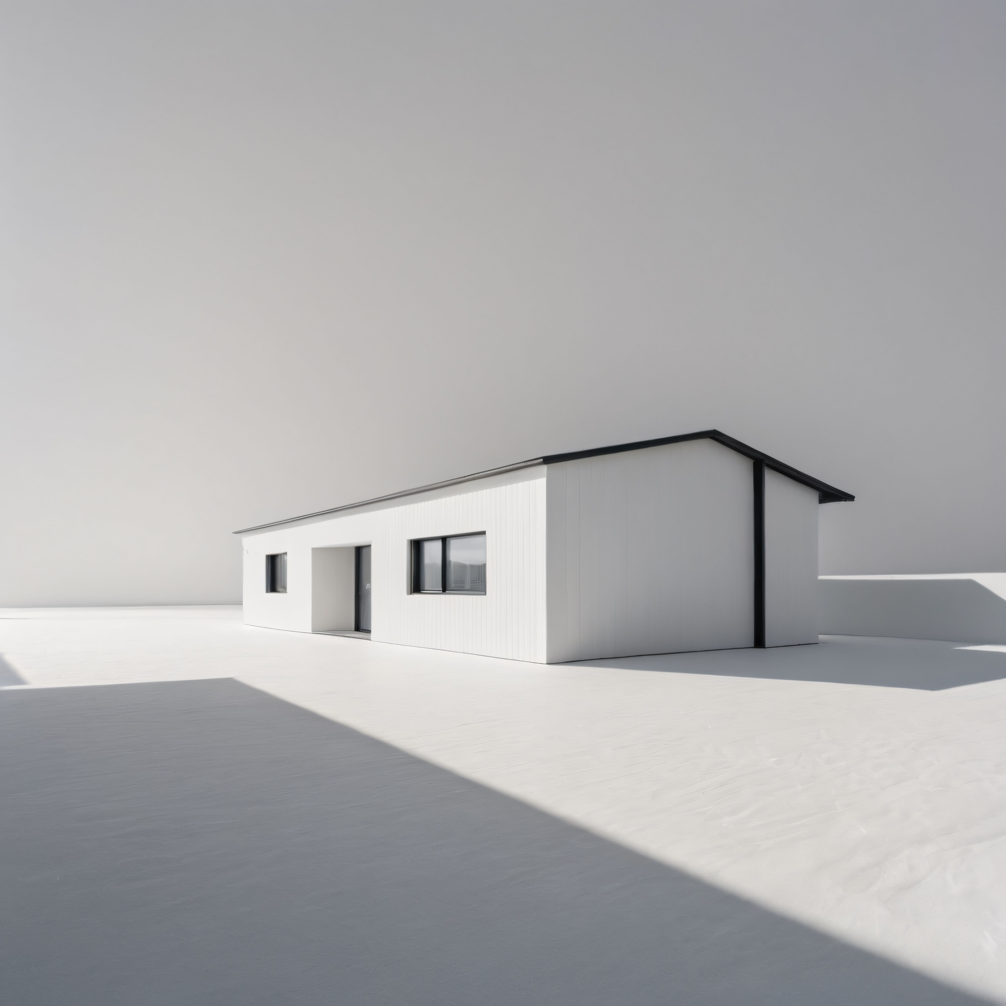 Yumuşak Gün Işığında Minimalist Beyaz Tek Katlı Ev ve Keskin Gölgeler