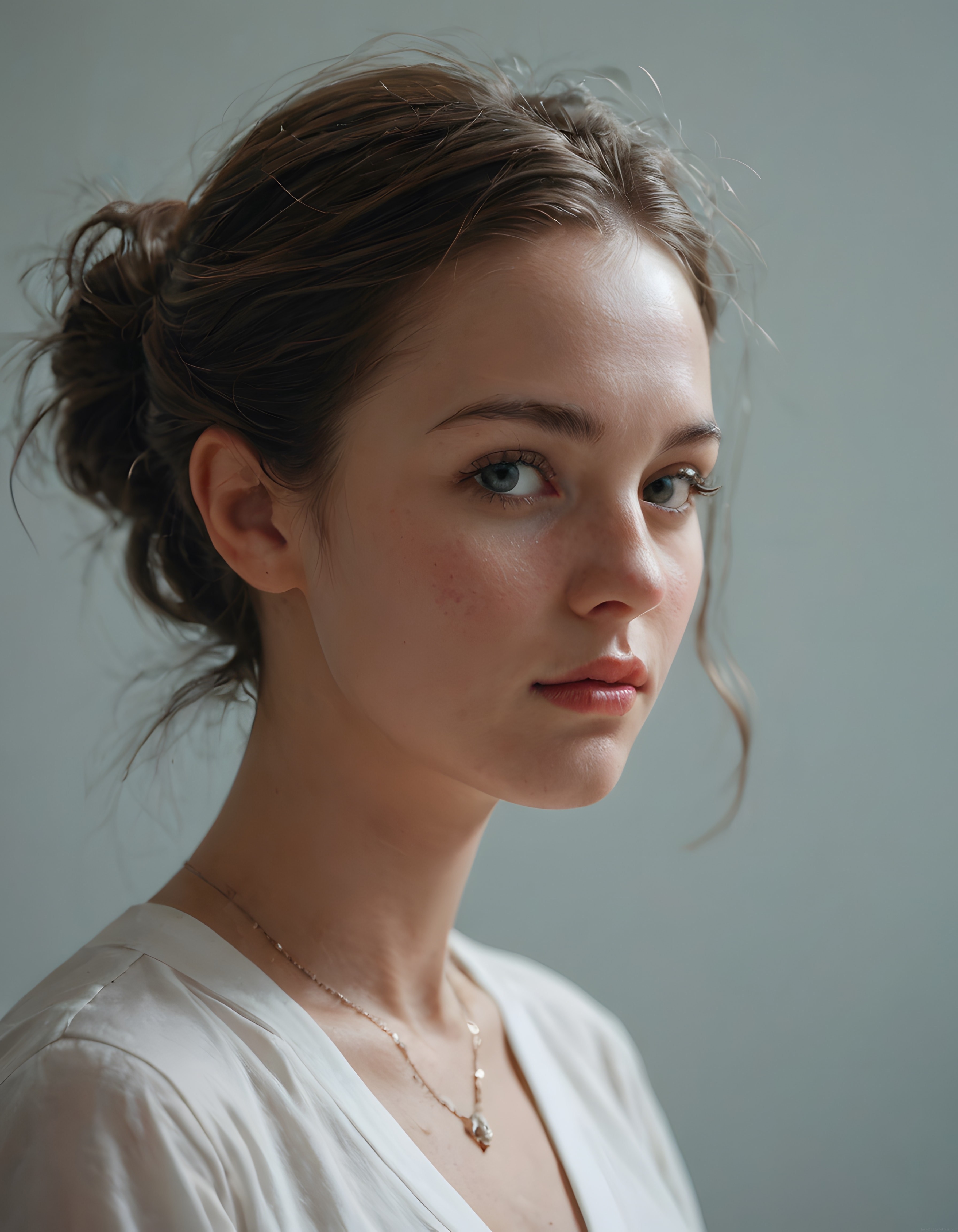 Yumuşak gün ışığında topuz saçlı kadın portresi ve minimal stil
