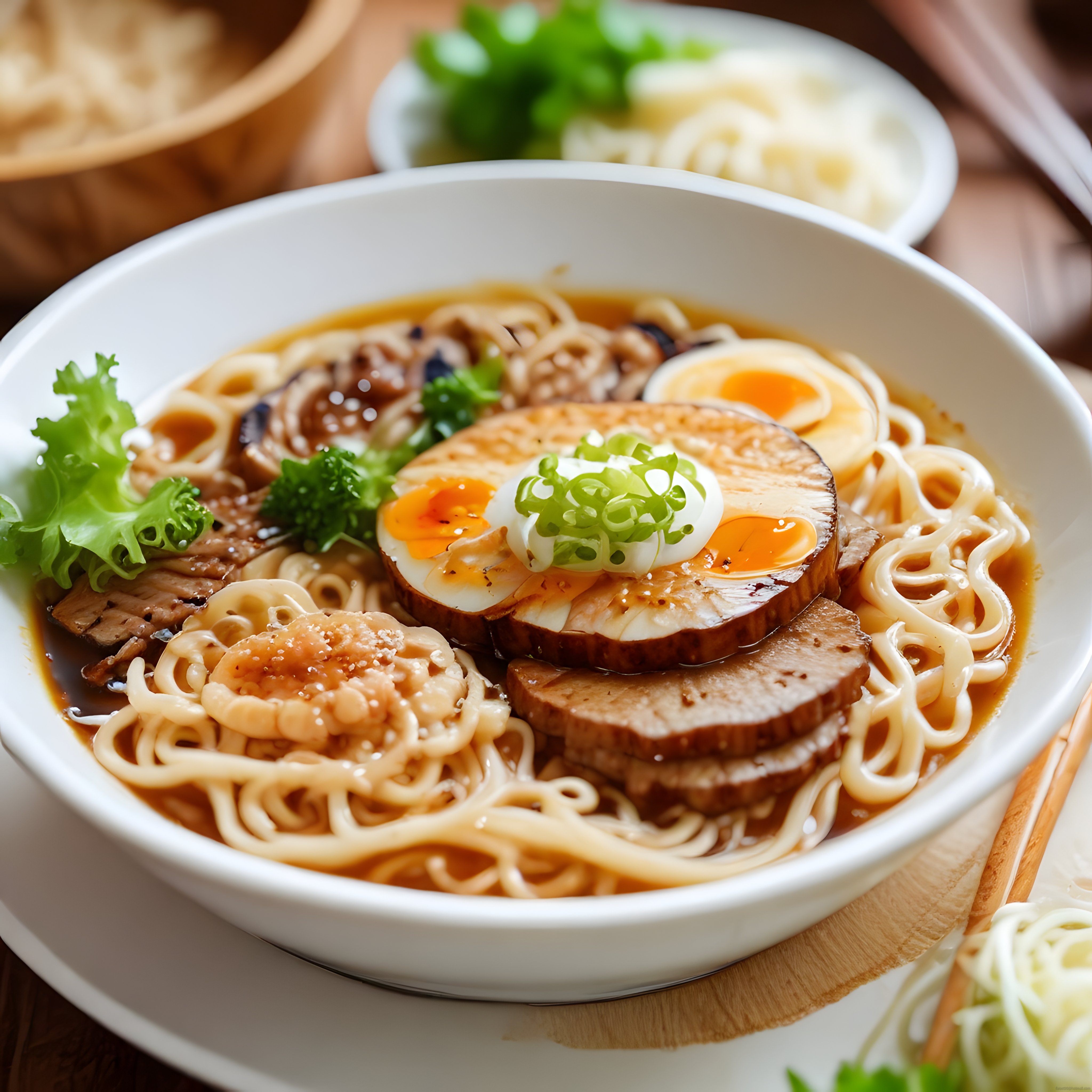 Yumuşak Haşlanmış Yumurtalı ve Mantarlı Sıcak Japon Ramen Çorbası Kasesi