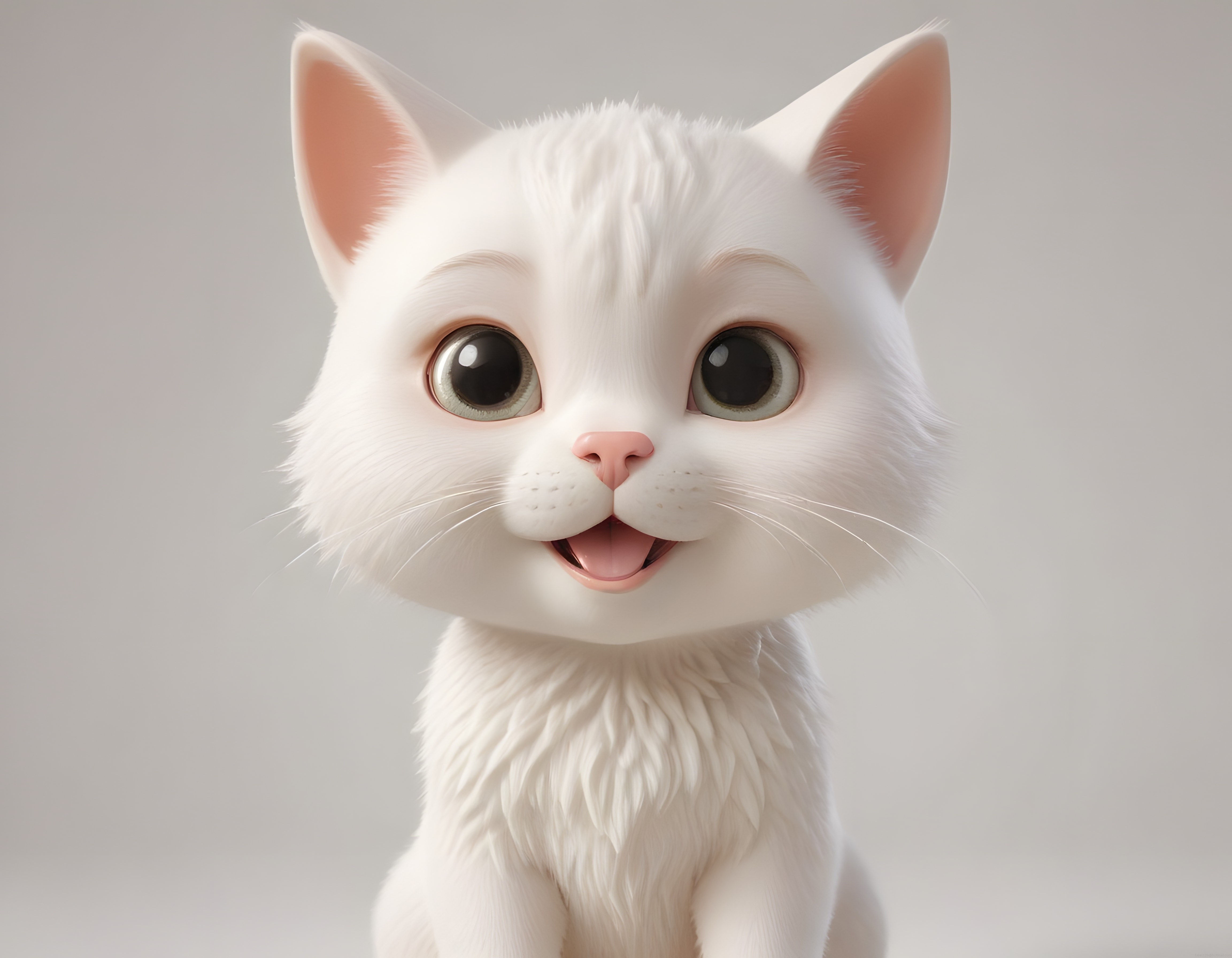 Yumuşak Işıkla Aydınlatılmış Gülümseyen Beyaz 3D Animasyon Kedi Karakteri