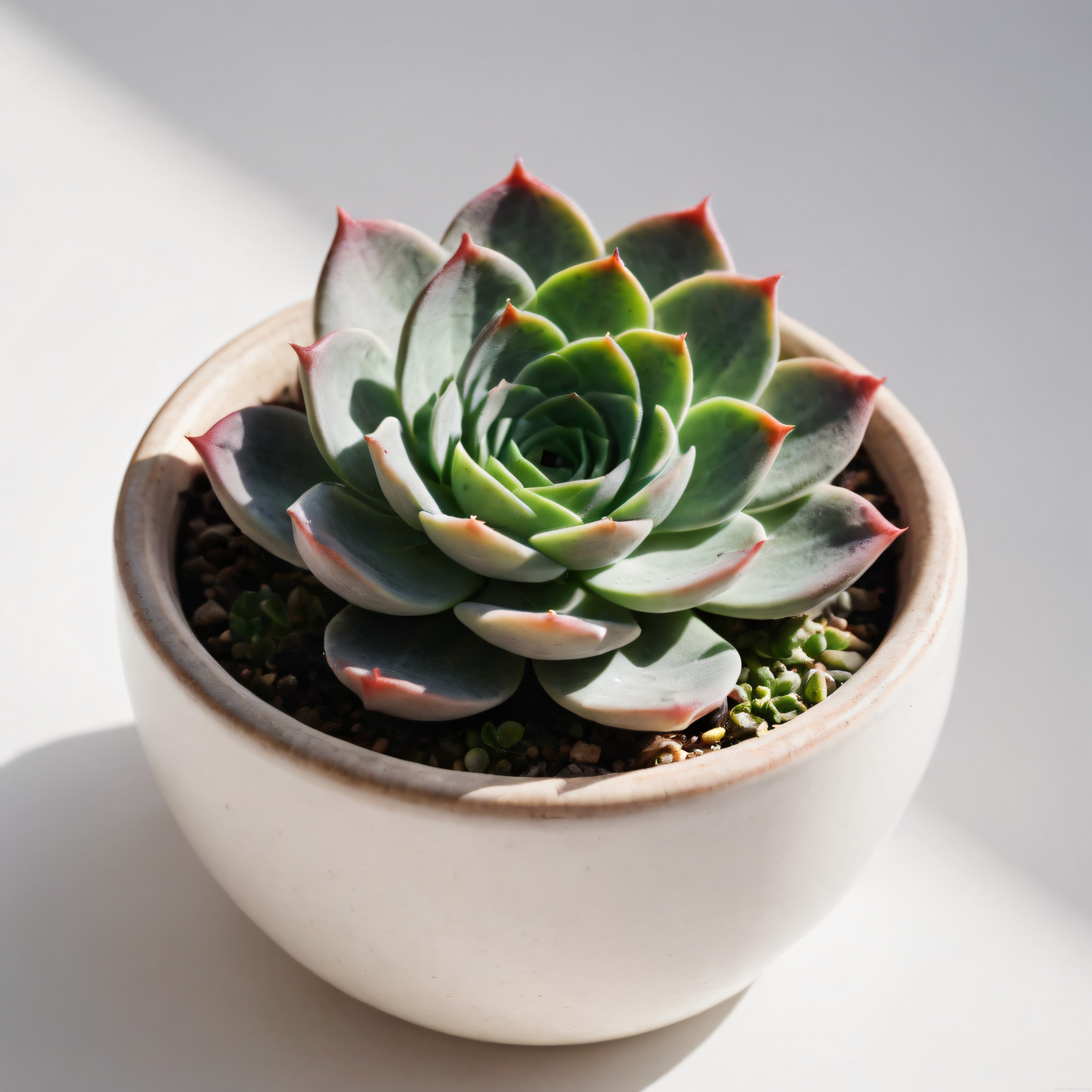 Yumuşak ışıkta beyaz seramik saksıda echeveria sukulent bitkisi makro fotoğraf