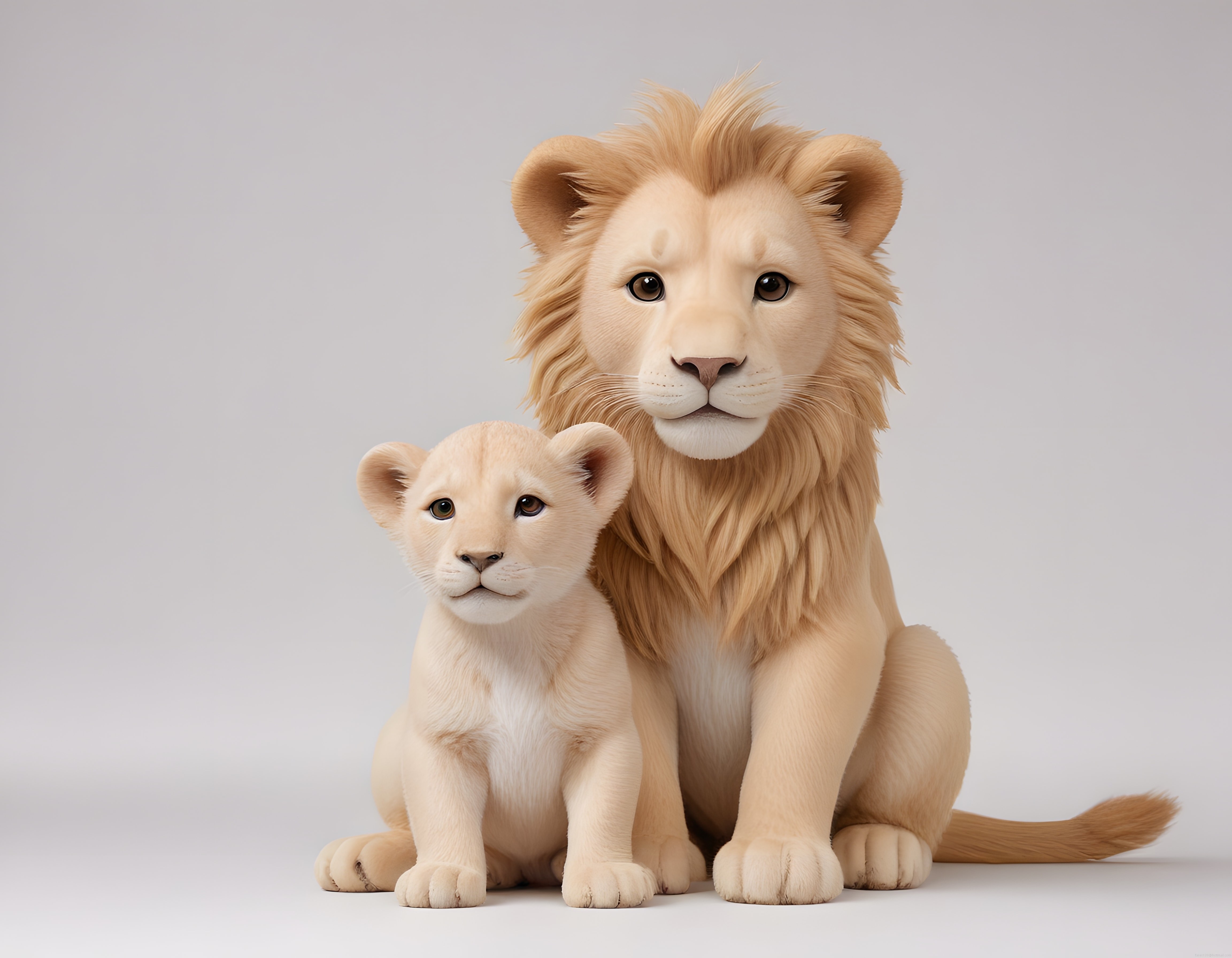 Yumuşak Işıkta Yeleli Aslan ve Yavrusuyla Masum Sevimli Aile Portresi