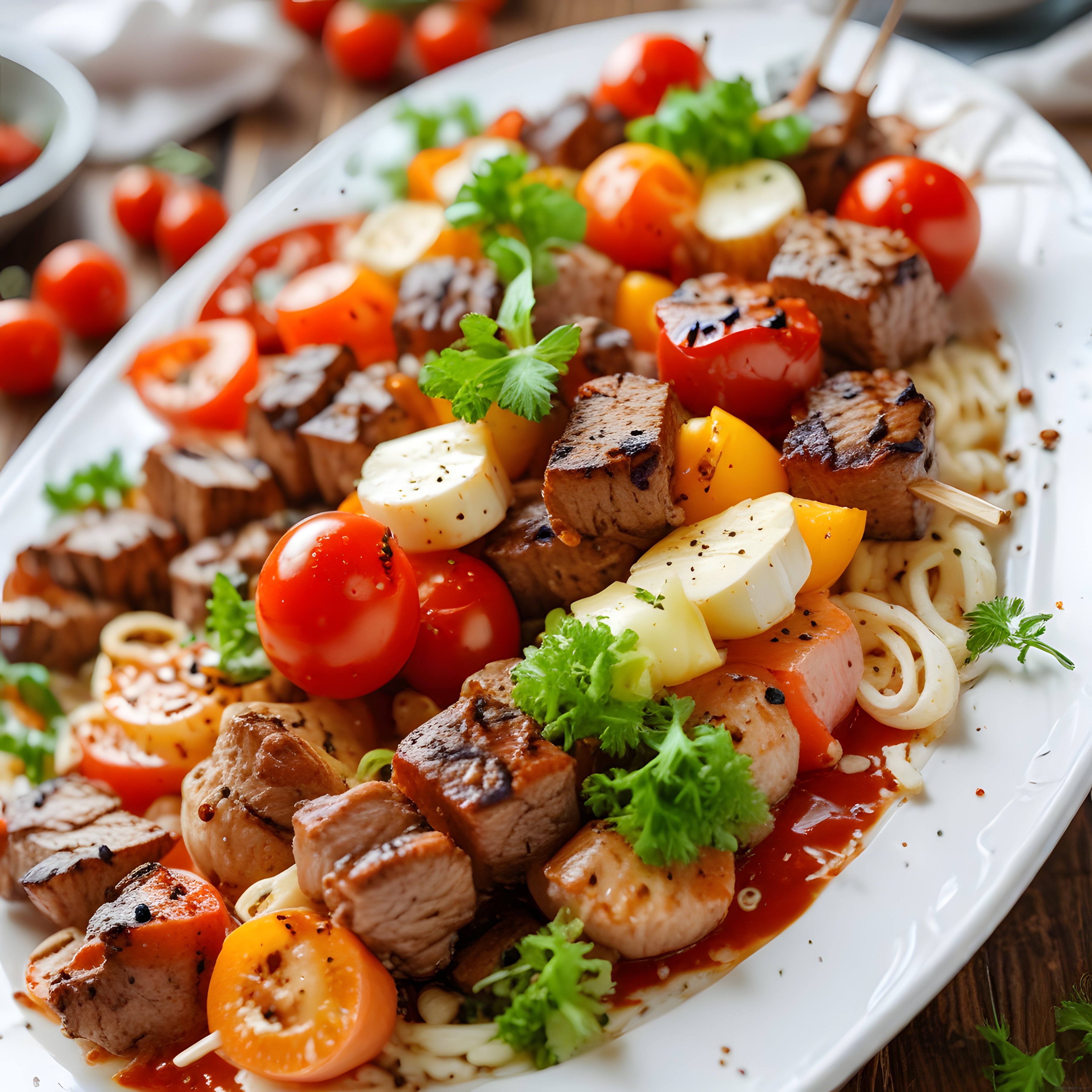 Yumuşak Izgara Et Şiş, Renkli Sebzeler ve Özel Soslu Makarna Tabağı