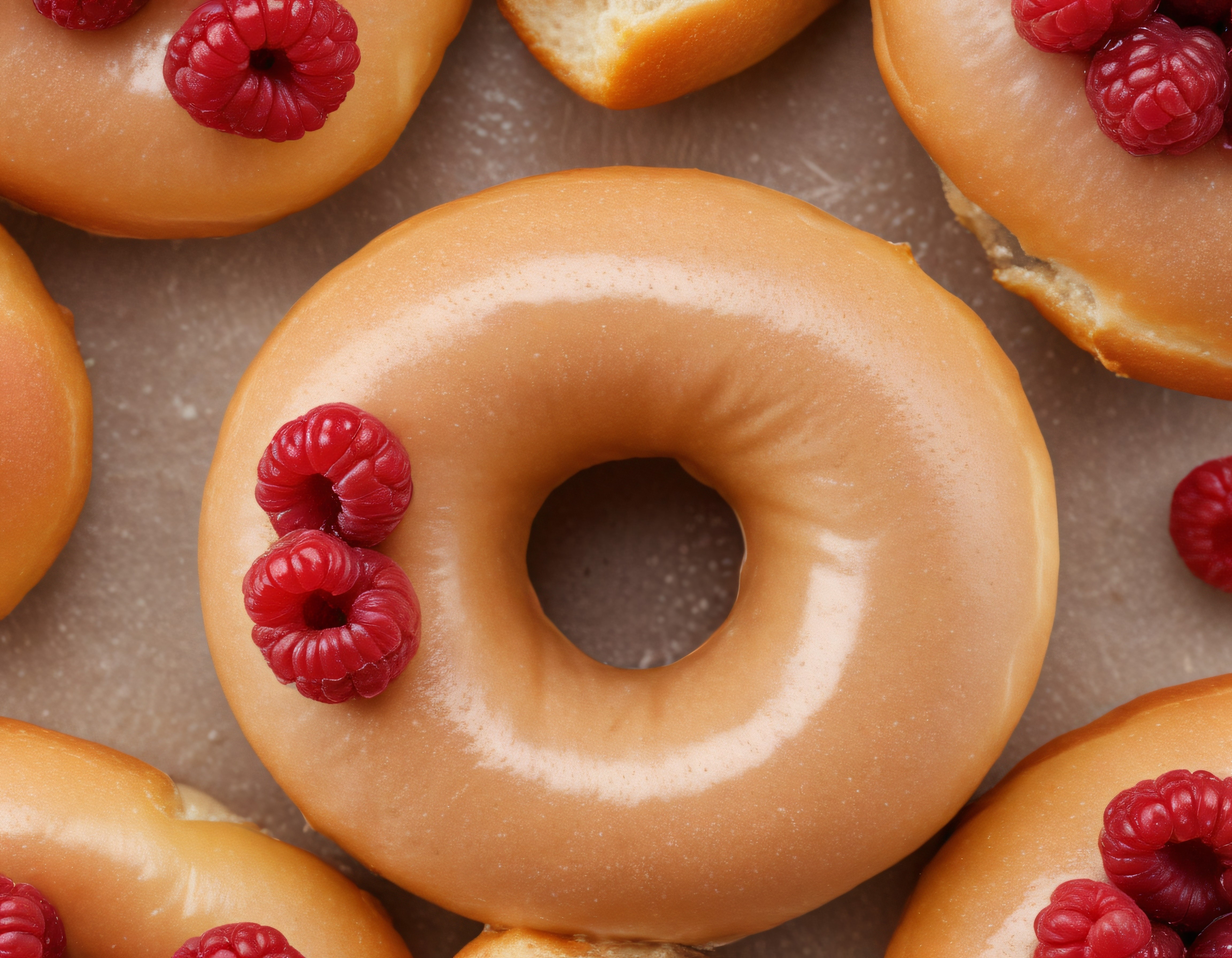 Yumuşak karamel kaplı donutların üzerinde taze ahududularla lezzetli tatlı sunumu