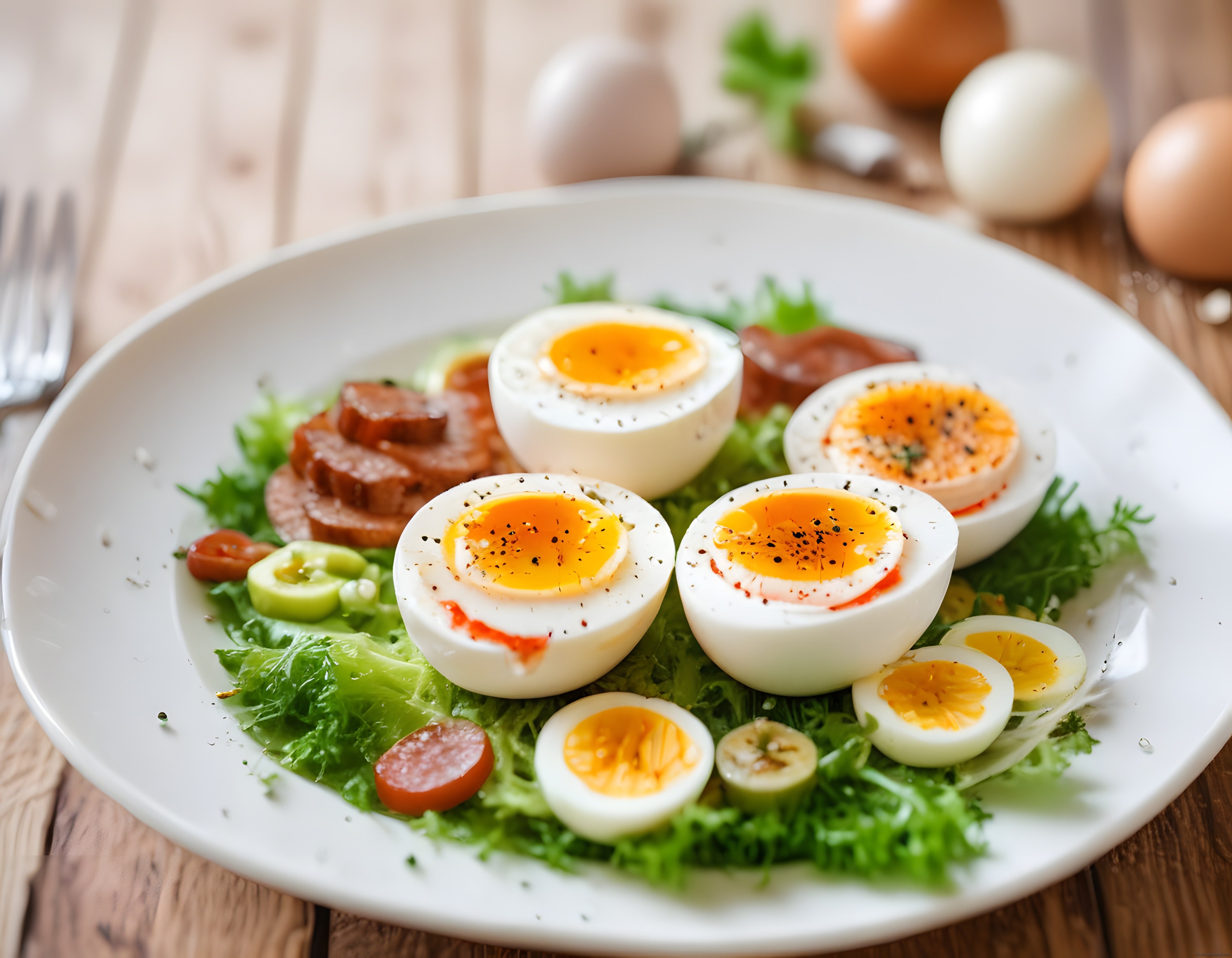 Yumuşak Kıvamlı Haşlanmış Yumurtalı ve Sucuklu Besleyici Kahvaltı Tabağı