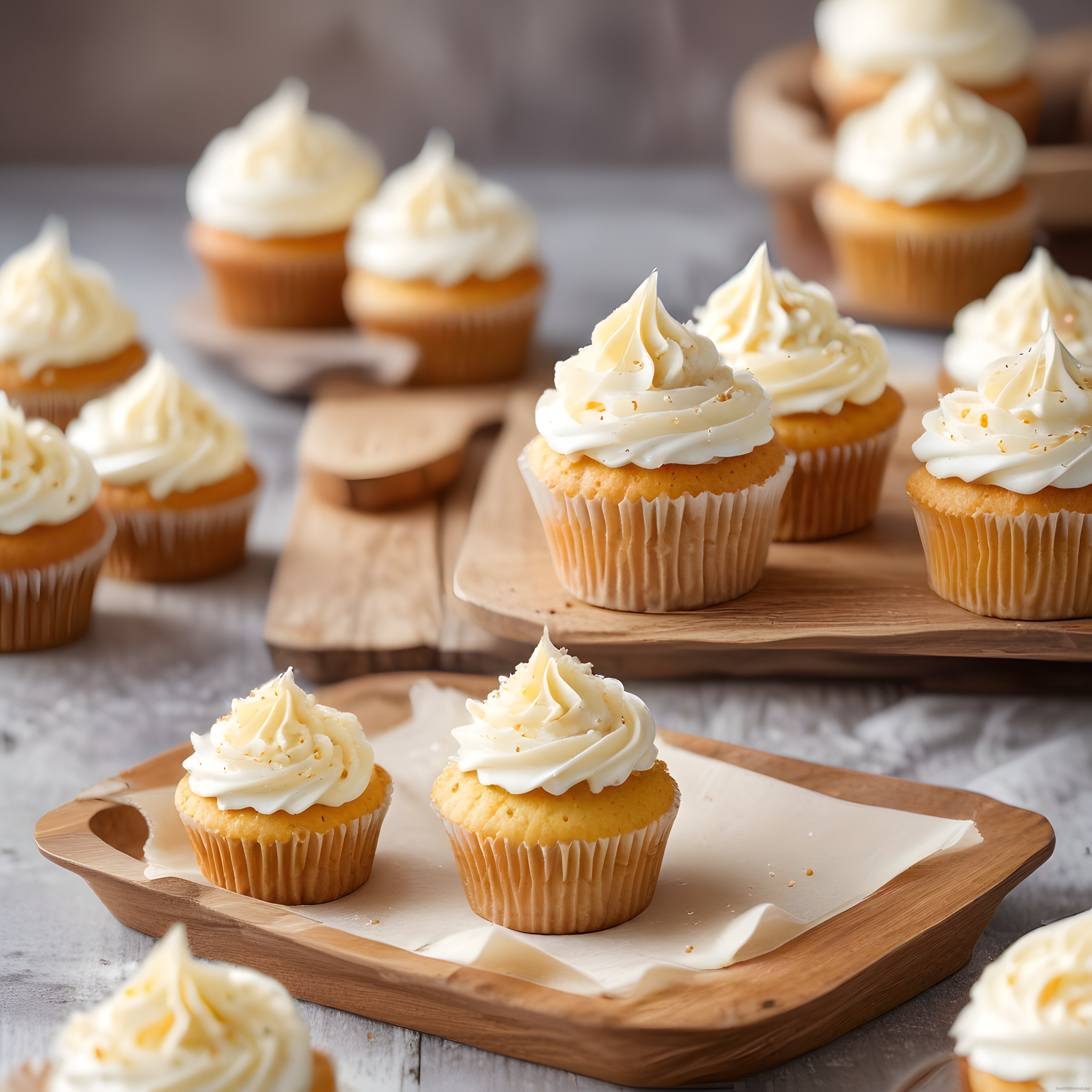 Yumuşak Kremalı Vanilya Cupcakelerle Şık Ahşap Sunumda Tatlı Ziyafeti