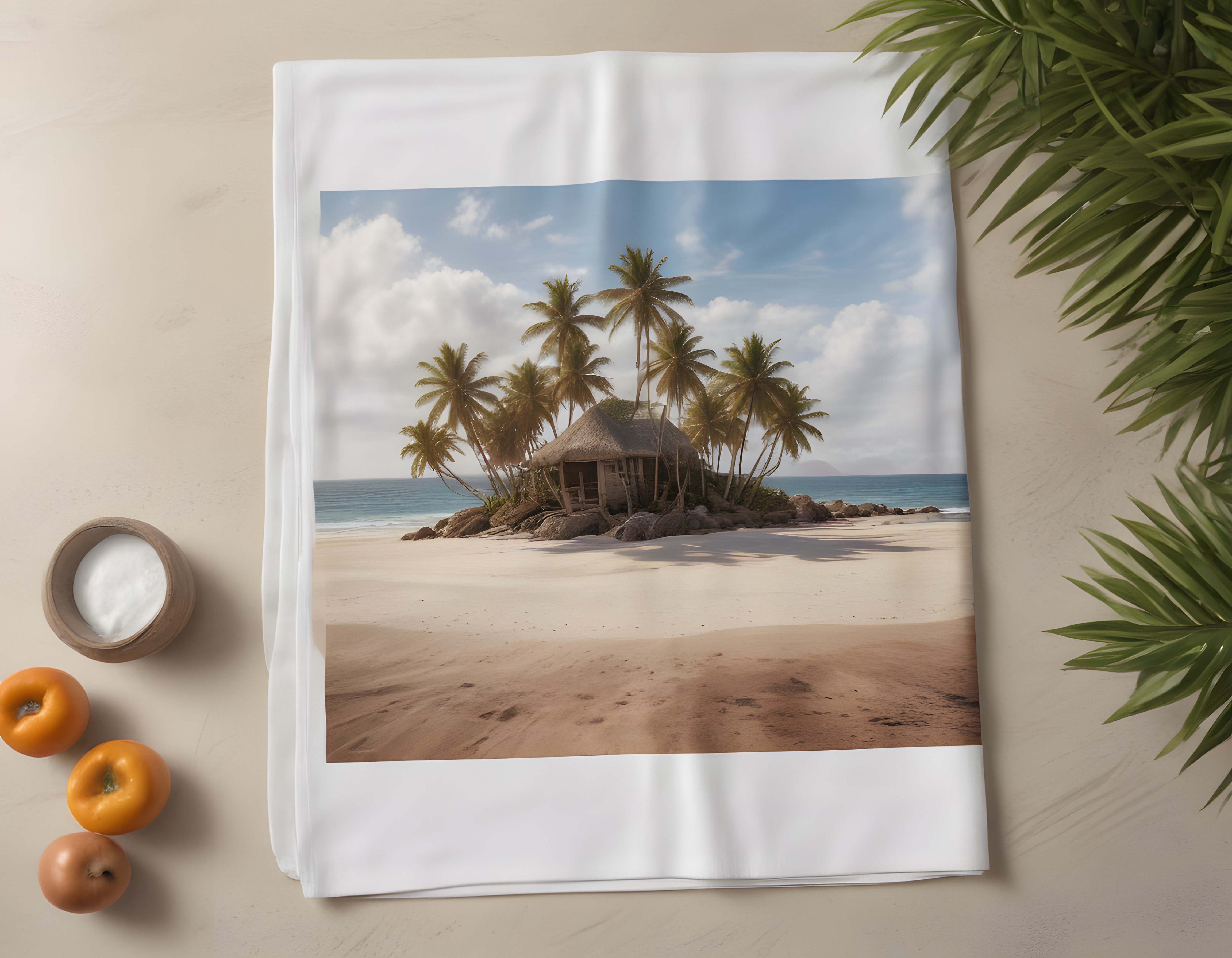 Yumuşak Kumlar ve Palmiyeler: Yapraklar Arasında Tropikal Plaj Mockup Görseli