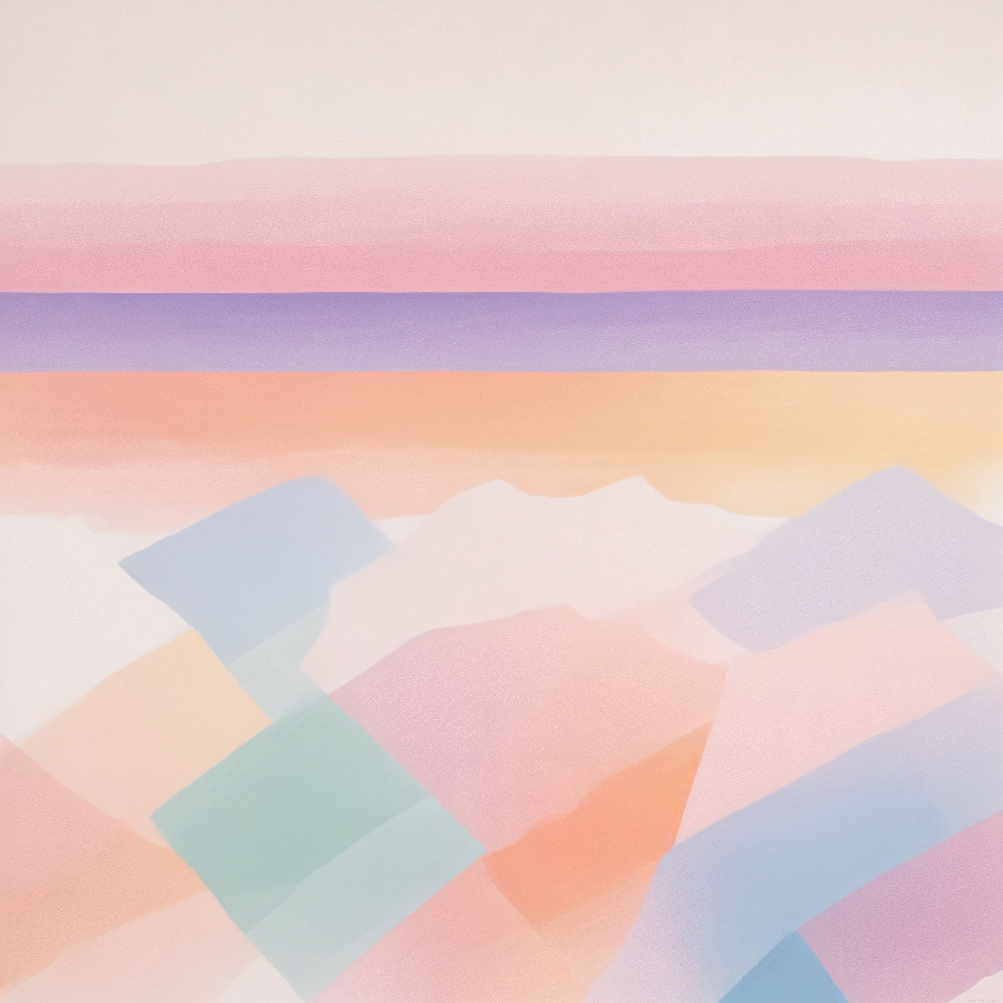 Yumuşak Pastel Tonlarda Soyut Geometrik Dağlar ve Katmanlı Gökyüzü Tasarımı