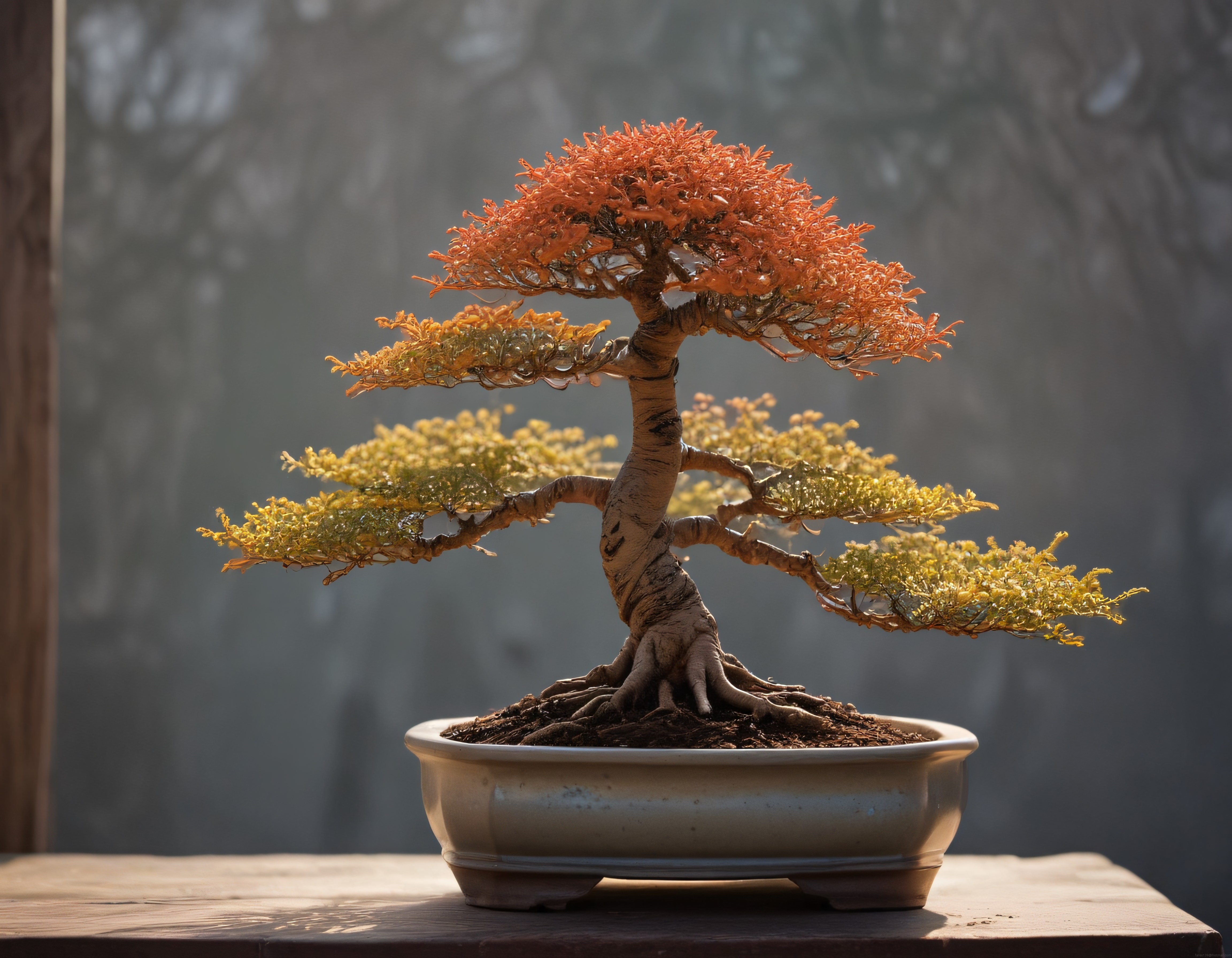 Yumuşak Pencere Işığında Sonbaharın Sıcak Tonlarında Bonsai Ağacı