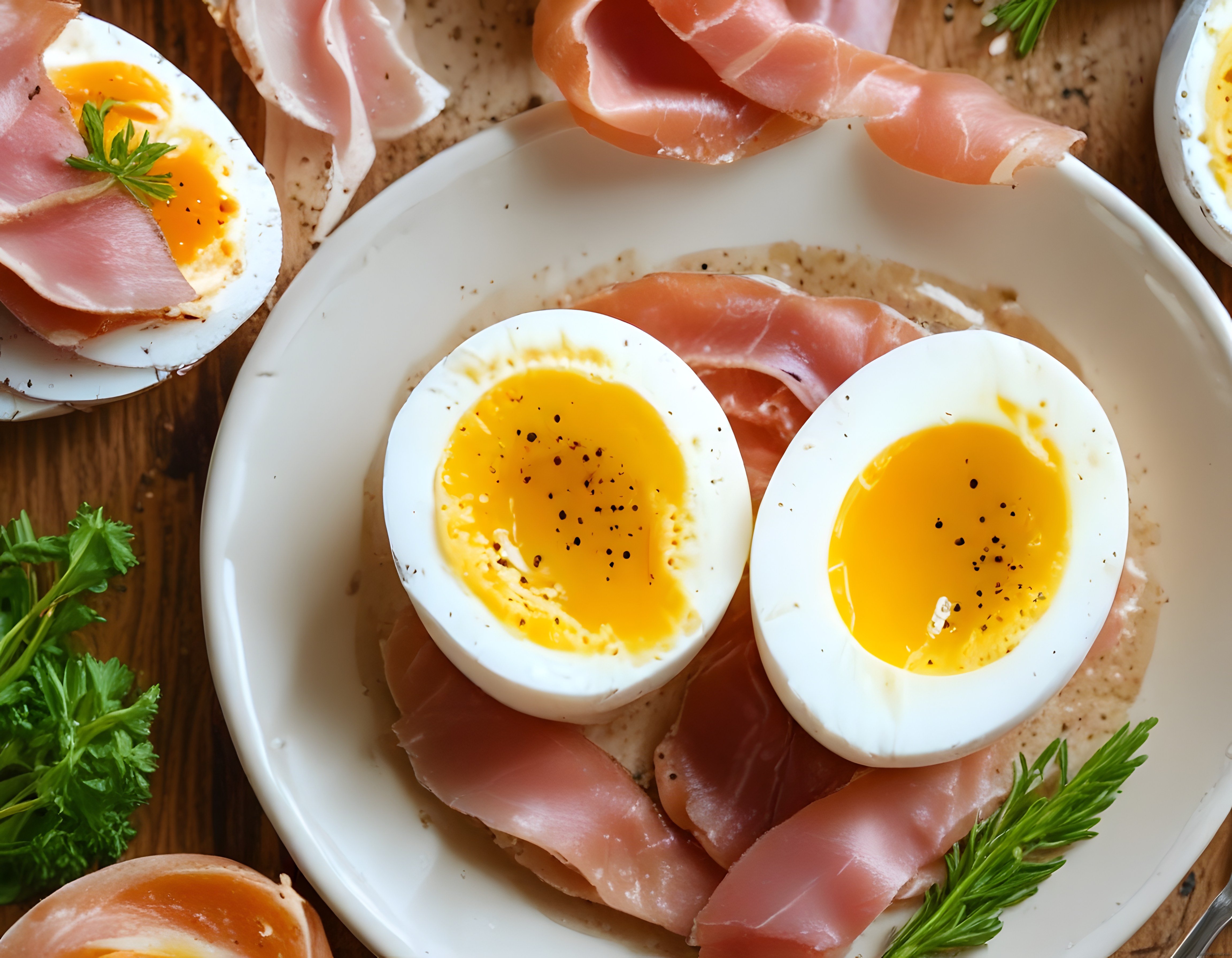 Yumuşak Sarılı Yumurta ve İnce Jambon Dilimleriyle Lezzetli Kahvaltı Sunumu