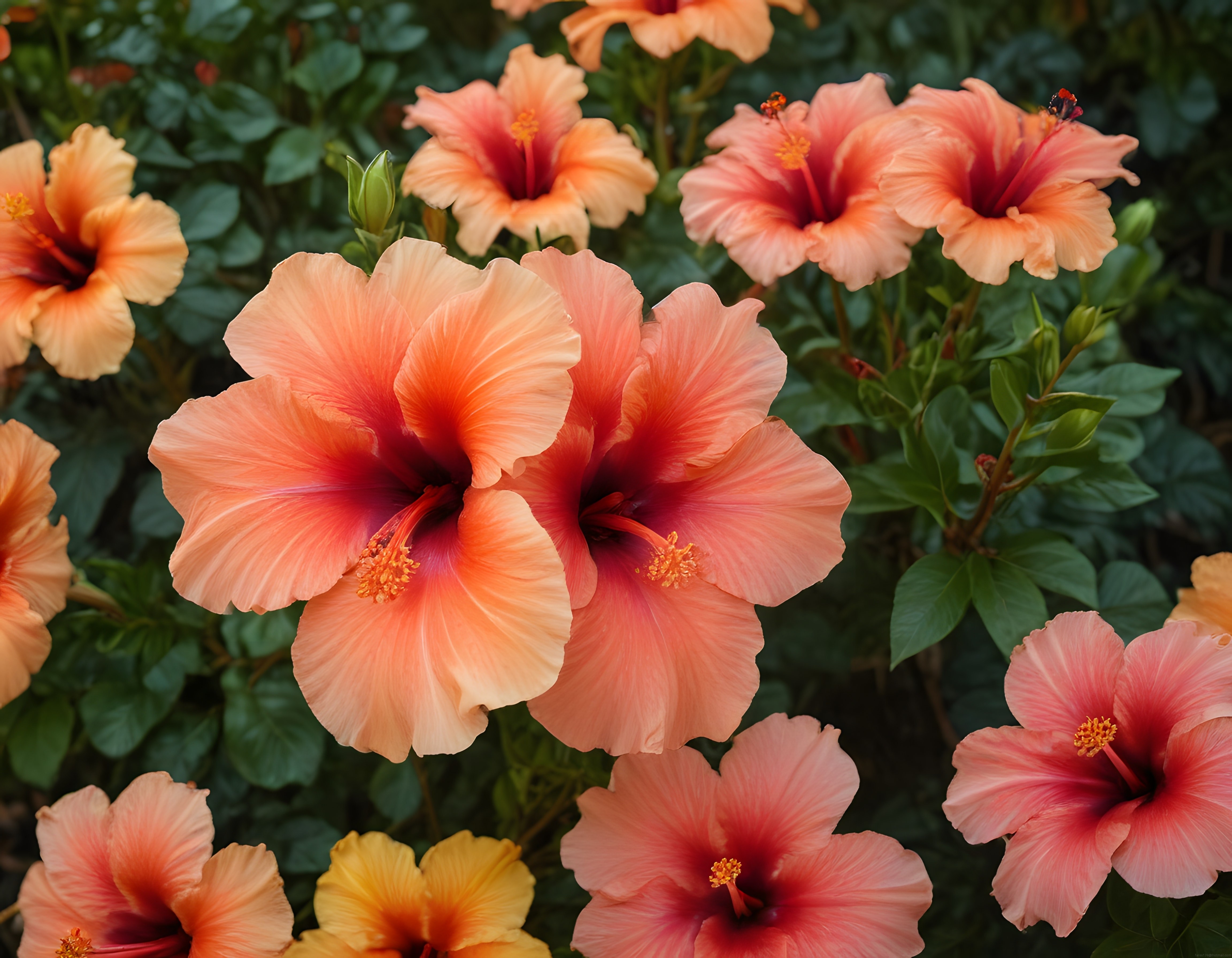 Yumuşak şeftali tonlarında hibiskus çiçeklerinin yakın çekim görüntüsü