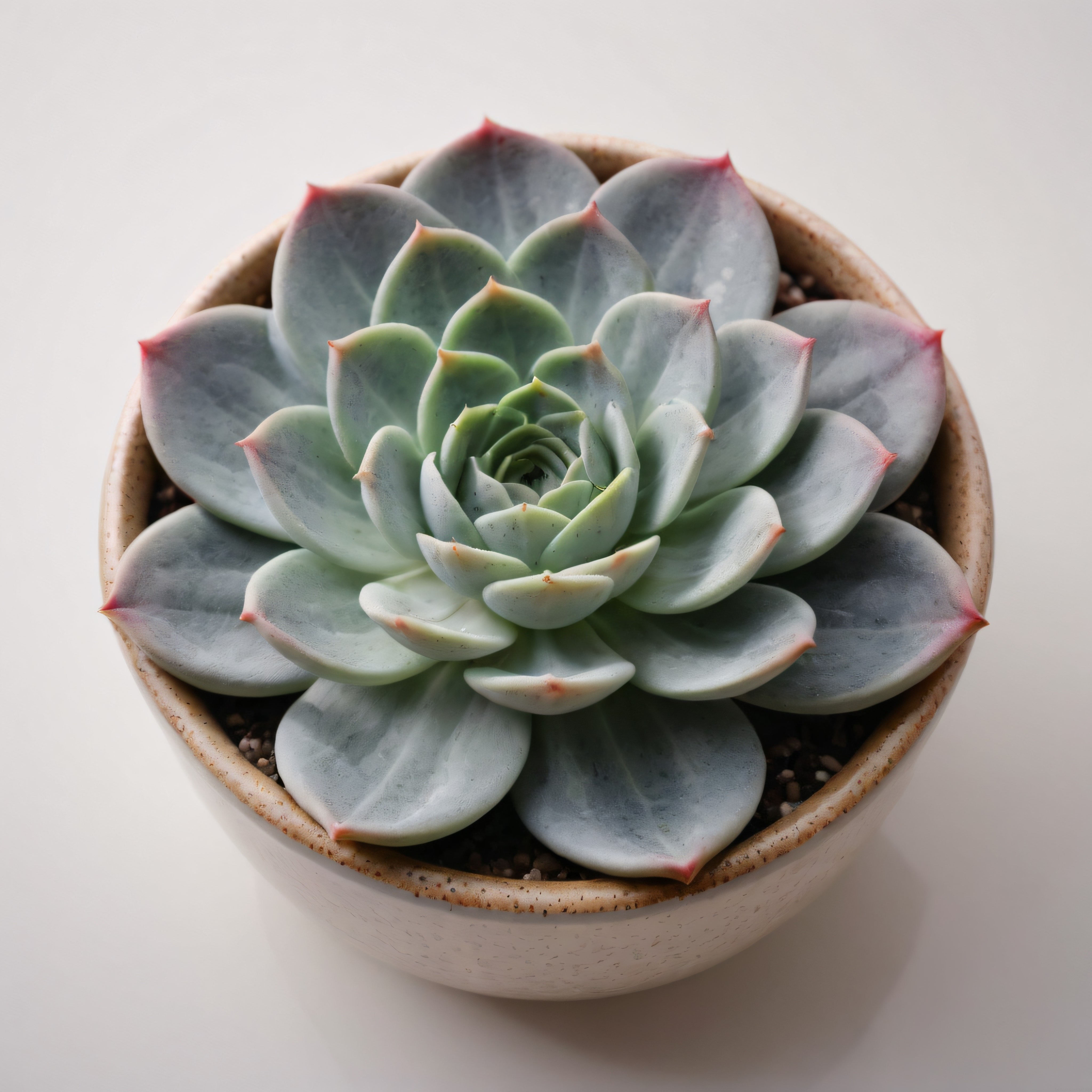 Yumuşak tonlarda seramik saksıda pembe detaylı echeveria sukulent makrosu