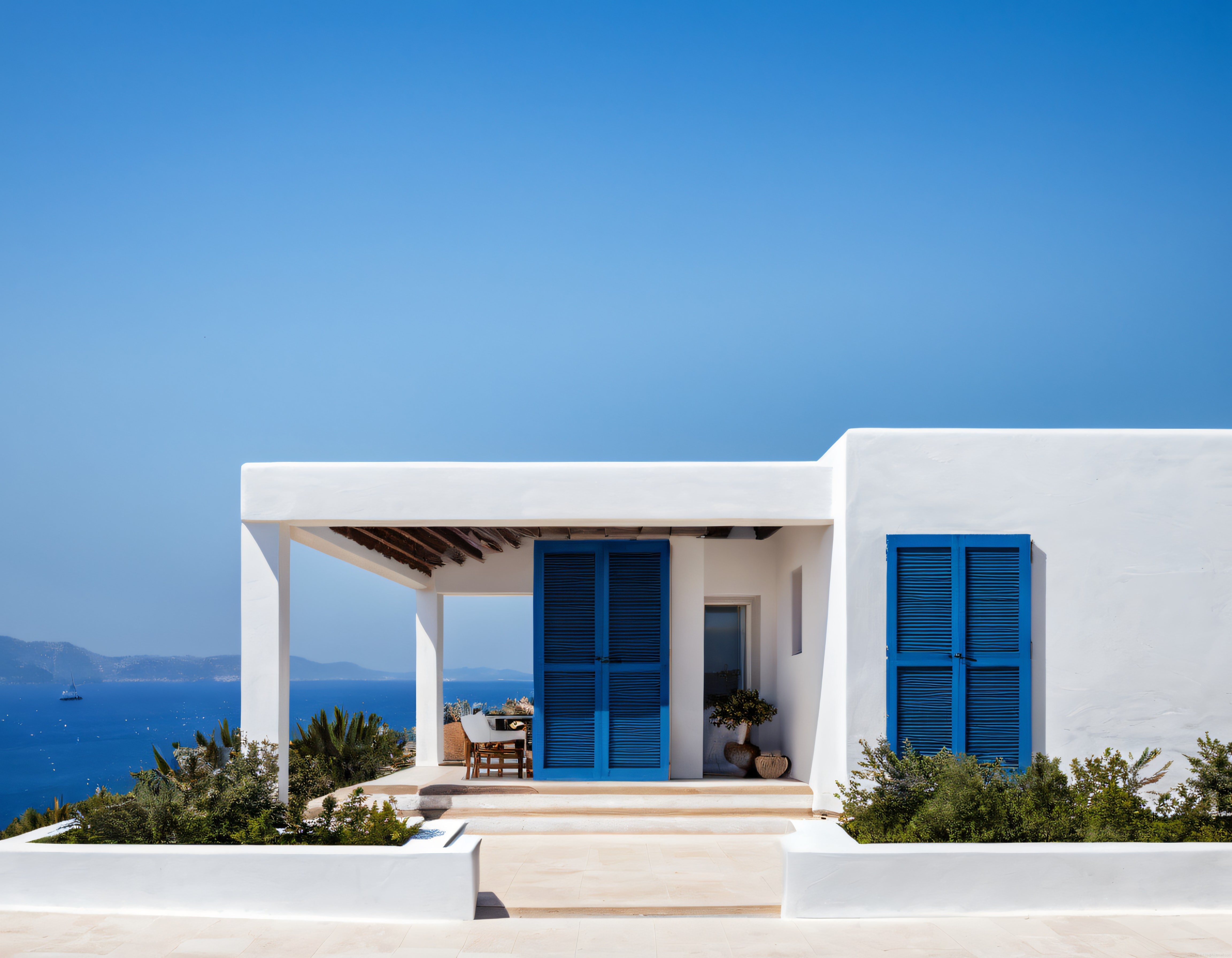 Yunanistan Santorini Tarzı Mavi Panjurlu Beyaz Ev ve Ege Denizi Manzarası