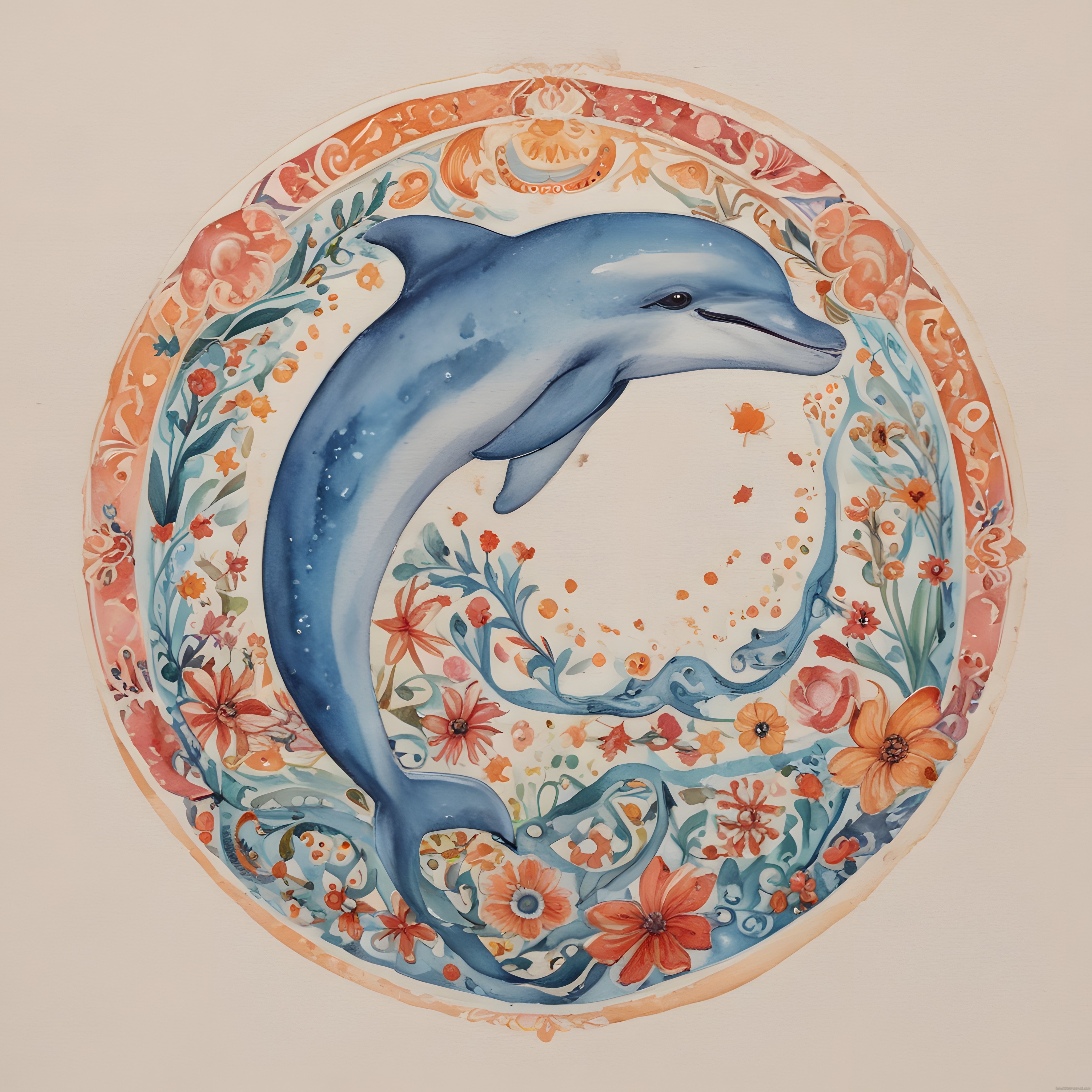 Yunus Balığı ve Çiçek Motifleriyle Sulu Boya Sanat İllüstrasyonu