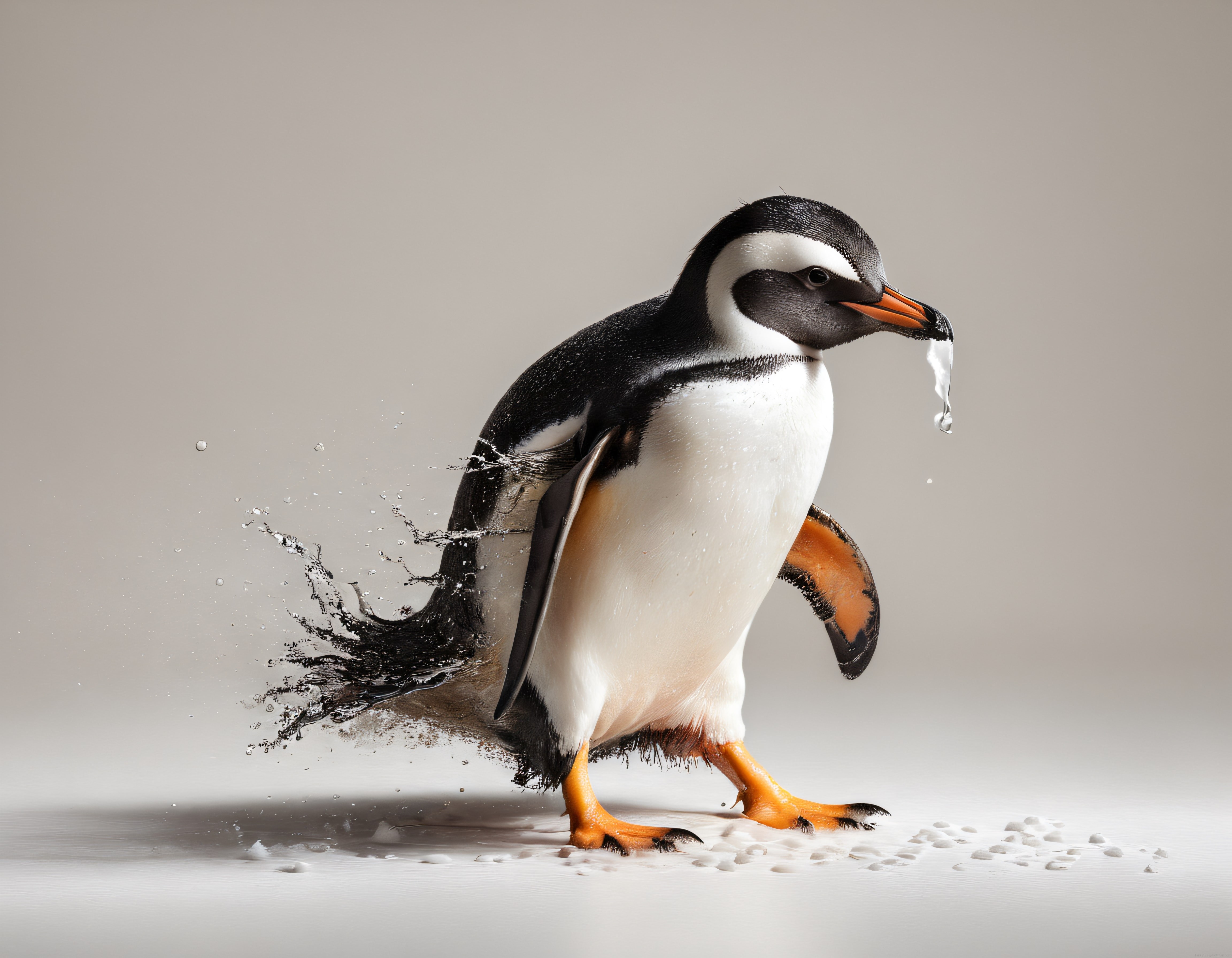 Yürüyen Penguen ve Su Sıçratma Efekti ile Minimal Stüdyo Hayvan Portresi