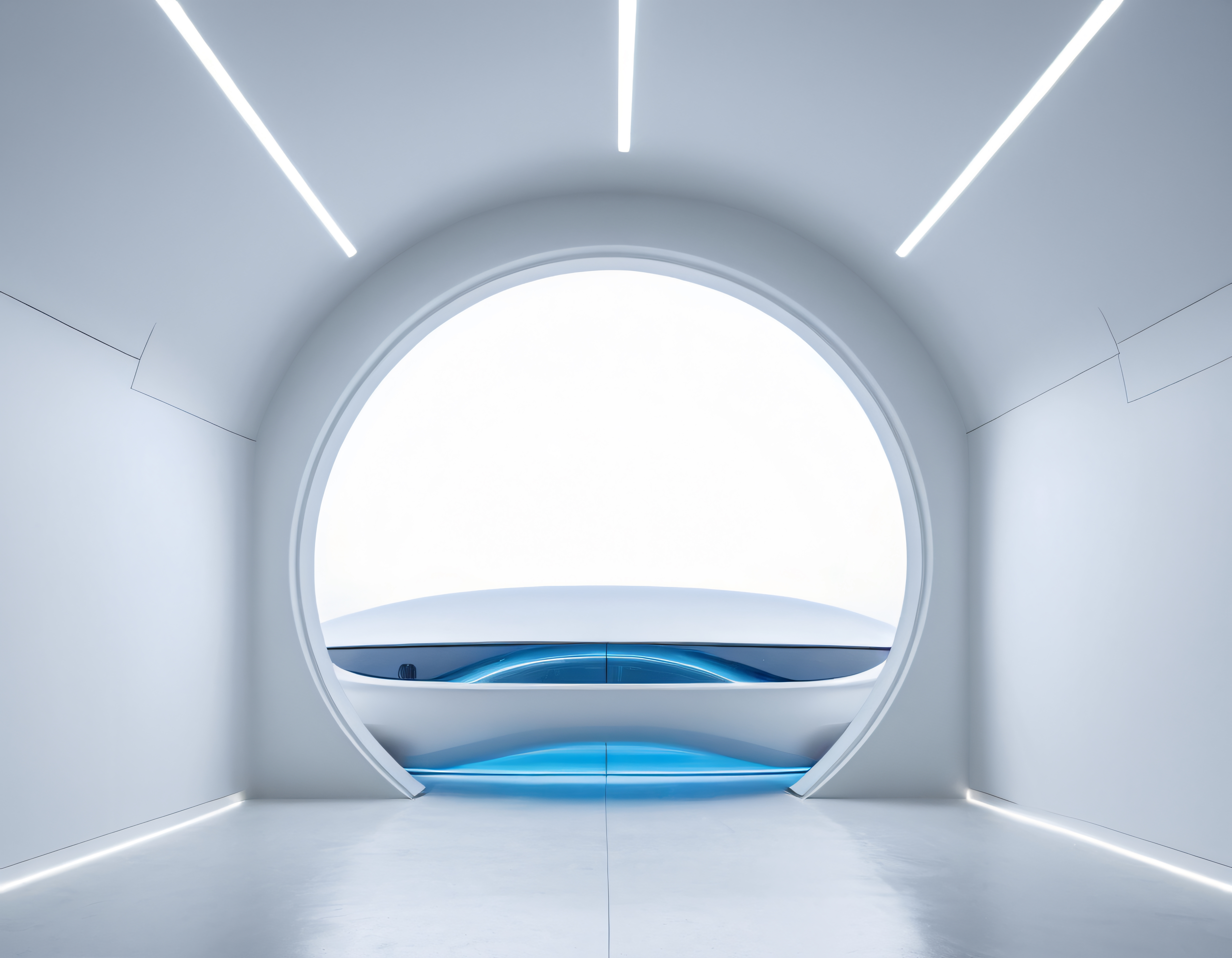 Yuvarlak Açıklıktan Görünen Mavi Işıklı Beyaz Futuristik Otomobil Tasarımı