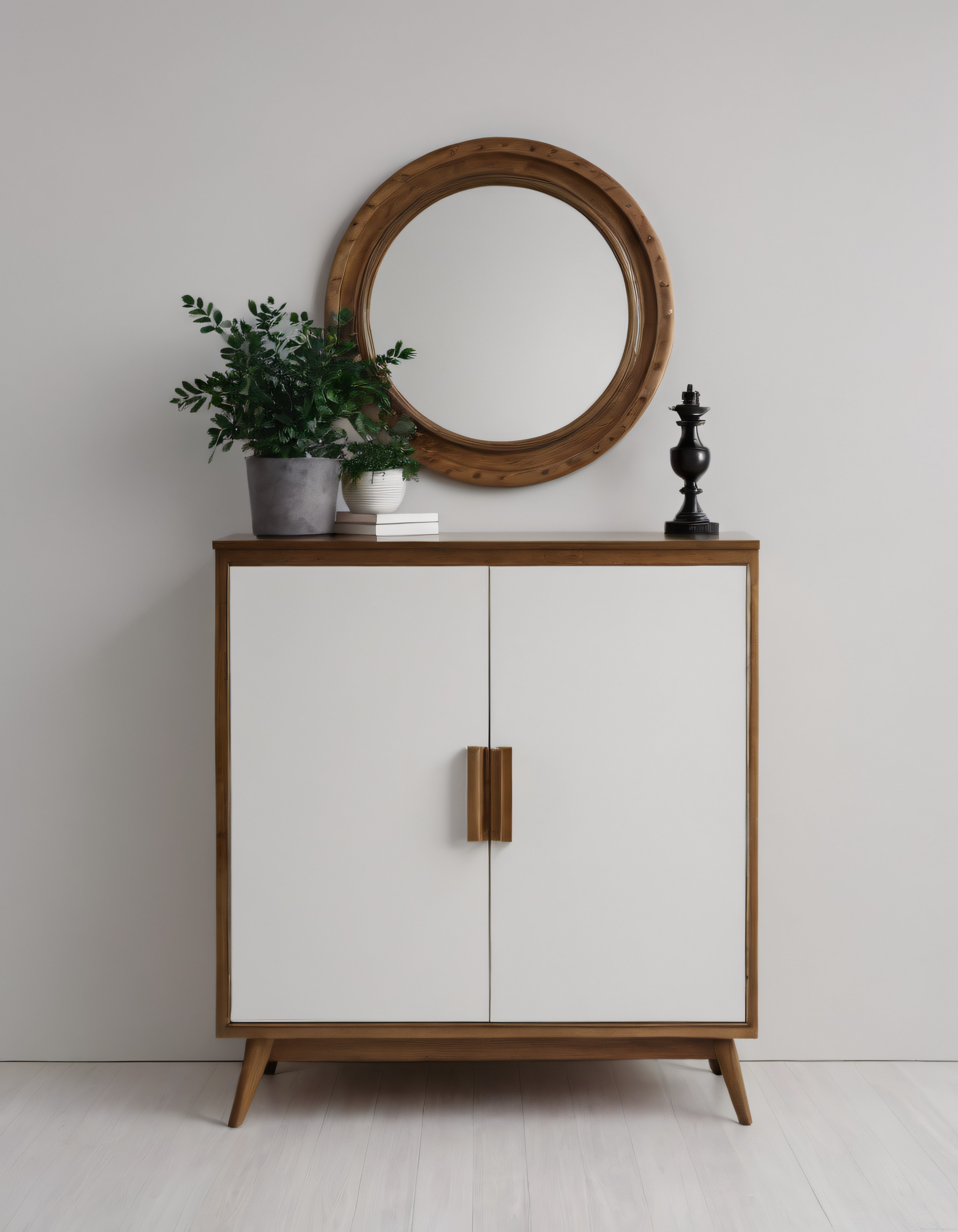 yuvarlak ahşap ayna ve bitkili minimalist konsol ile sade ev dekorasyonu
