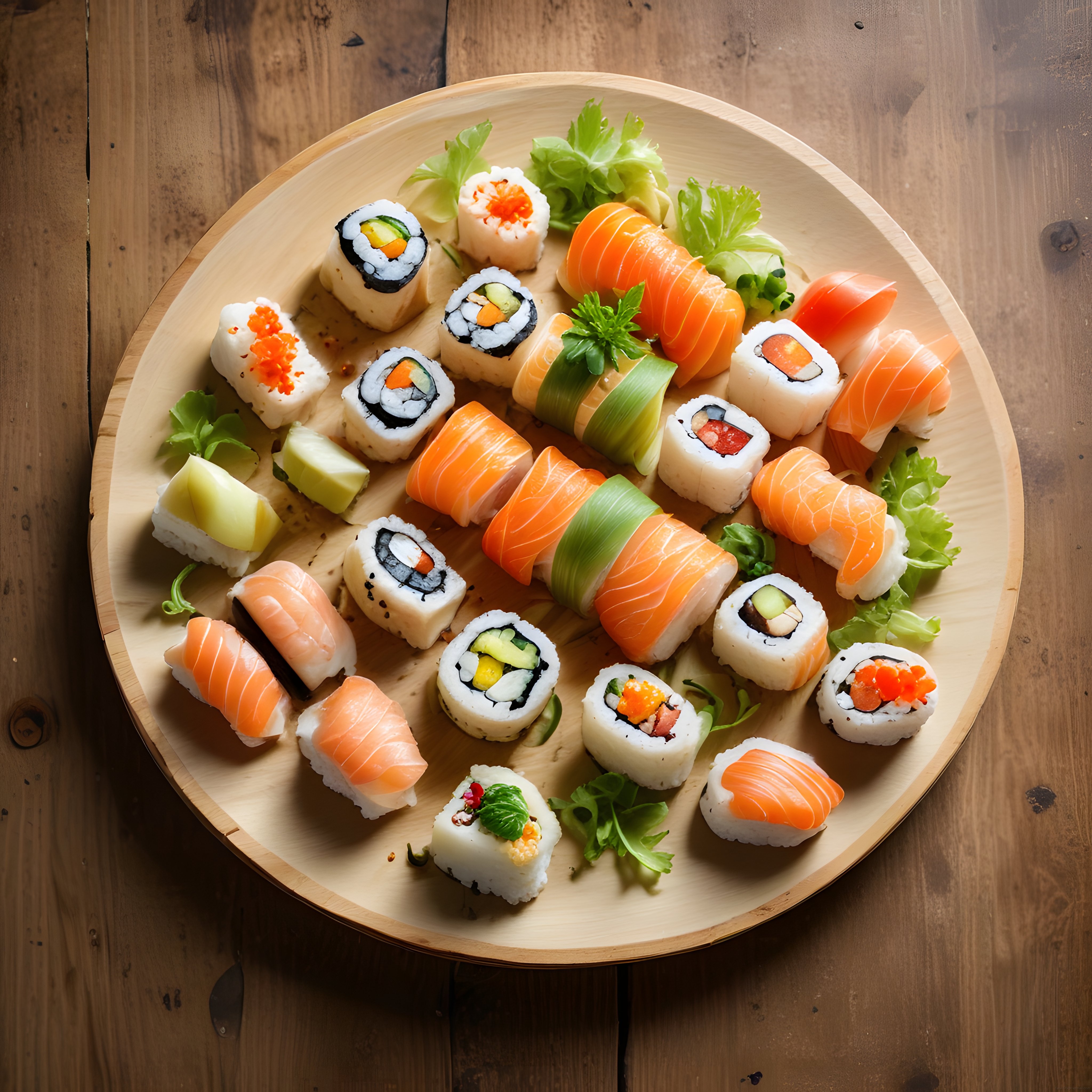 Yuvarlak Ahşap Sunum Tahtasında Taze Somonlu ve Sebzeli Sushi Çeşitleri